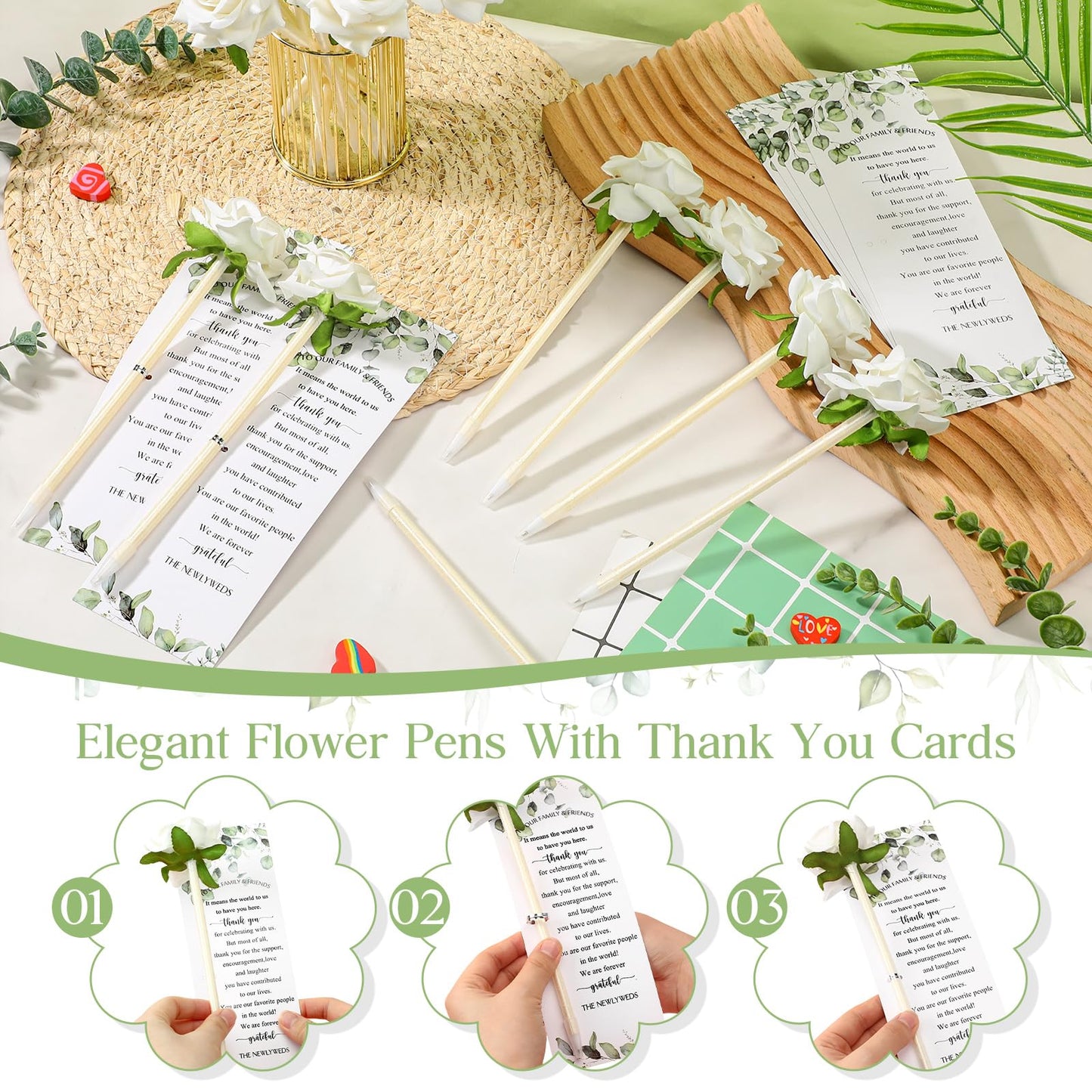 Spakon 36 Set Wedding Favors Pens for Guests Bulk - Bridal Shower Artificial Rose Flower Pen Thank You Cards with Twine Ballpoint Pen Black Ink for Wedding Games Office Proposal Gift(Cute Style)