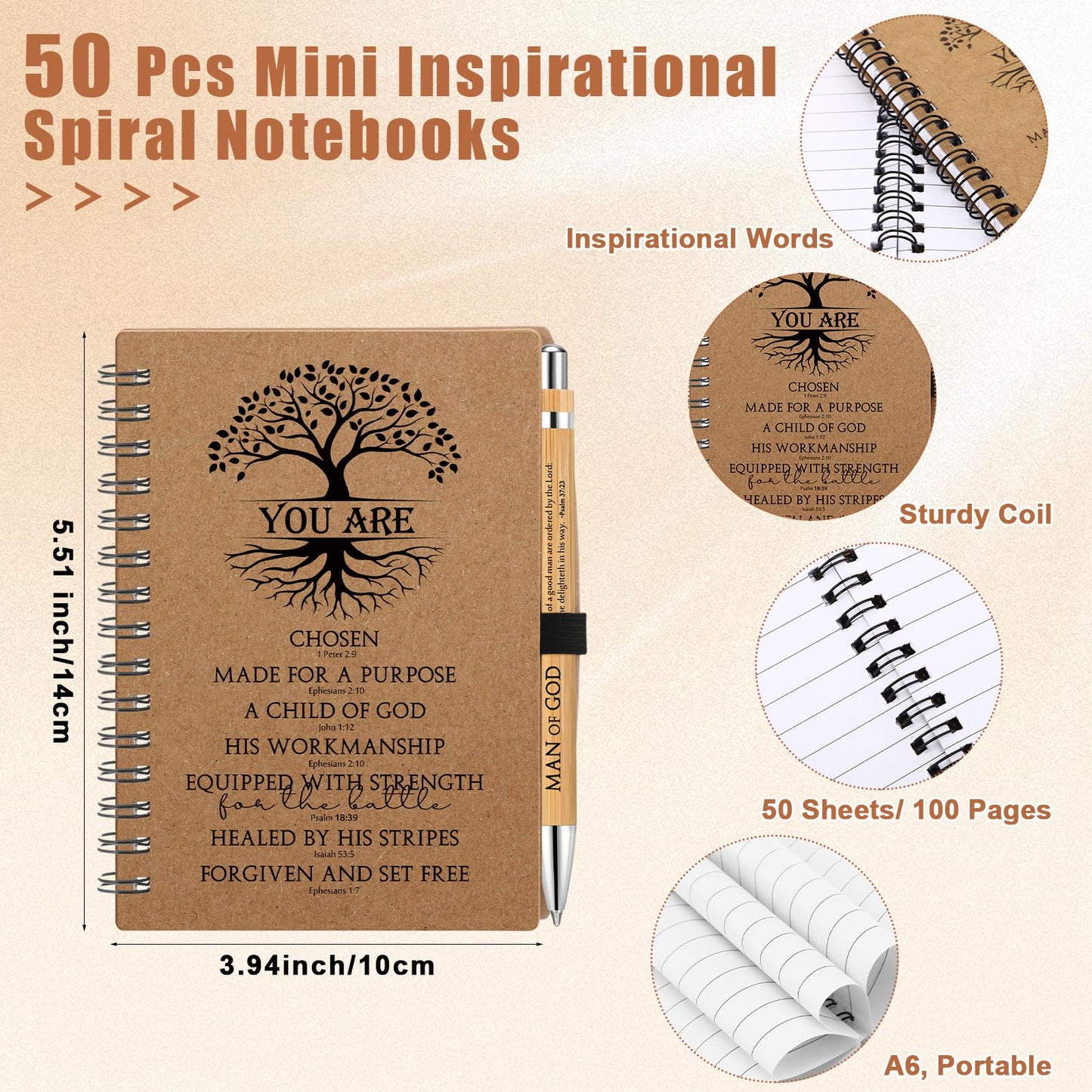 Sayglossy 50 Sets Man of God Gifts for Men Christian Fathers Day Spiral Kraft Notebooks and Bamboo Pens Bible Study Supplies Religious Gifts for Church Office Employee Coworker