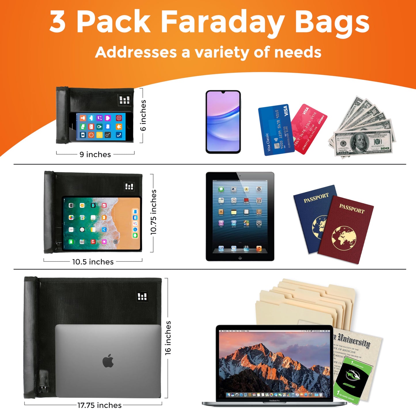 Large Faraday Bags 3 Pack – Signal Blocking RFID Pouch for Phones, Laptops, Bank Cards, Electronics, Key Fobs – Anti-Hacking, Fireproof & Waterproof Faraday Cage for Digital Privacy & Theft Protection