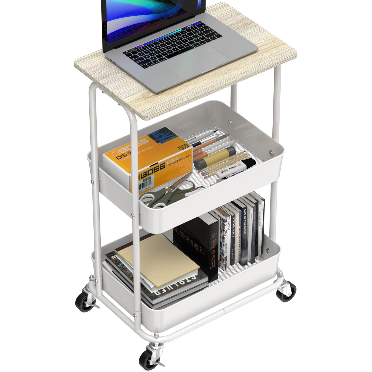 Simple Houseware 2-Tier Rolling Utility Cart with Lockable Wheels and Wood Top, Metal Storage Organizer Trolley for Kitchen, Bathroom, Office, Craft Room, Maple