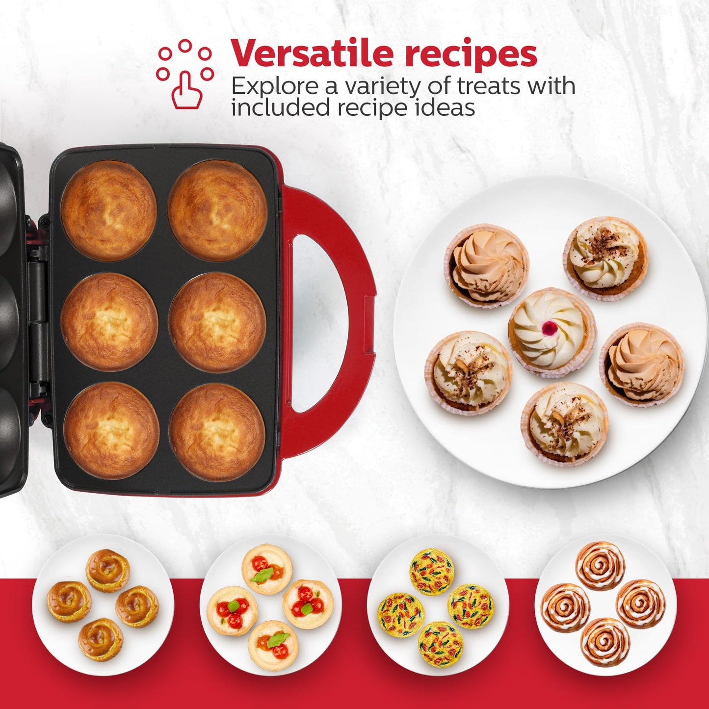 Holstein Housewares Non-Stick 6-Count Electric Cupcake Maker Machine – Bakes 6 Cupcakes, Muffins, Pizza Cups, Cinnamon Buns – Perfect for Gifts, Birthdays, Holidays, or Bake Sales, Red