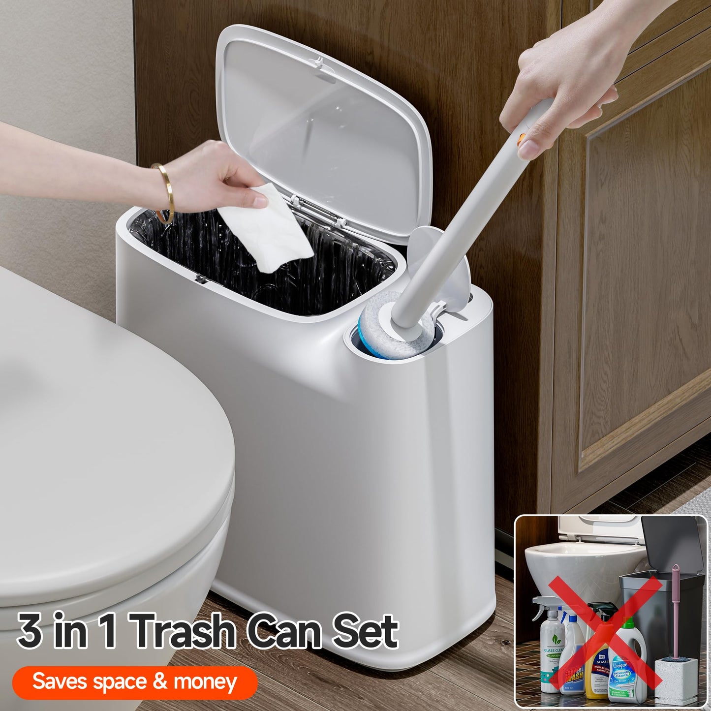 CTIME Bathroom Trash Can Set - Narrow White Plastic Small Trash can, a Toilet Wand, Toilet Brush Holder and 36 Refills, 2 Gallon Trash can with pop-up lid, Suitable for bathrooms and Small Toilets.