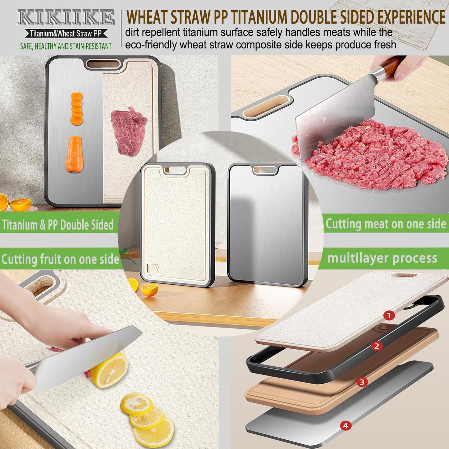 Titanium Cutting Board Double Sided Pure Titanium Cutting Boards for Kitchen, Pure titanium & Wheat Straw PP Food Grade metal cutting board, Non-slip durable and easy to clean (Large)