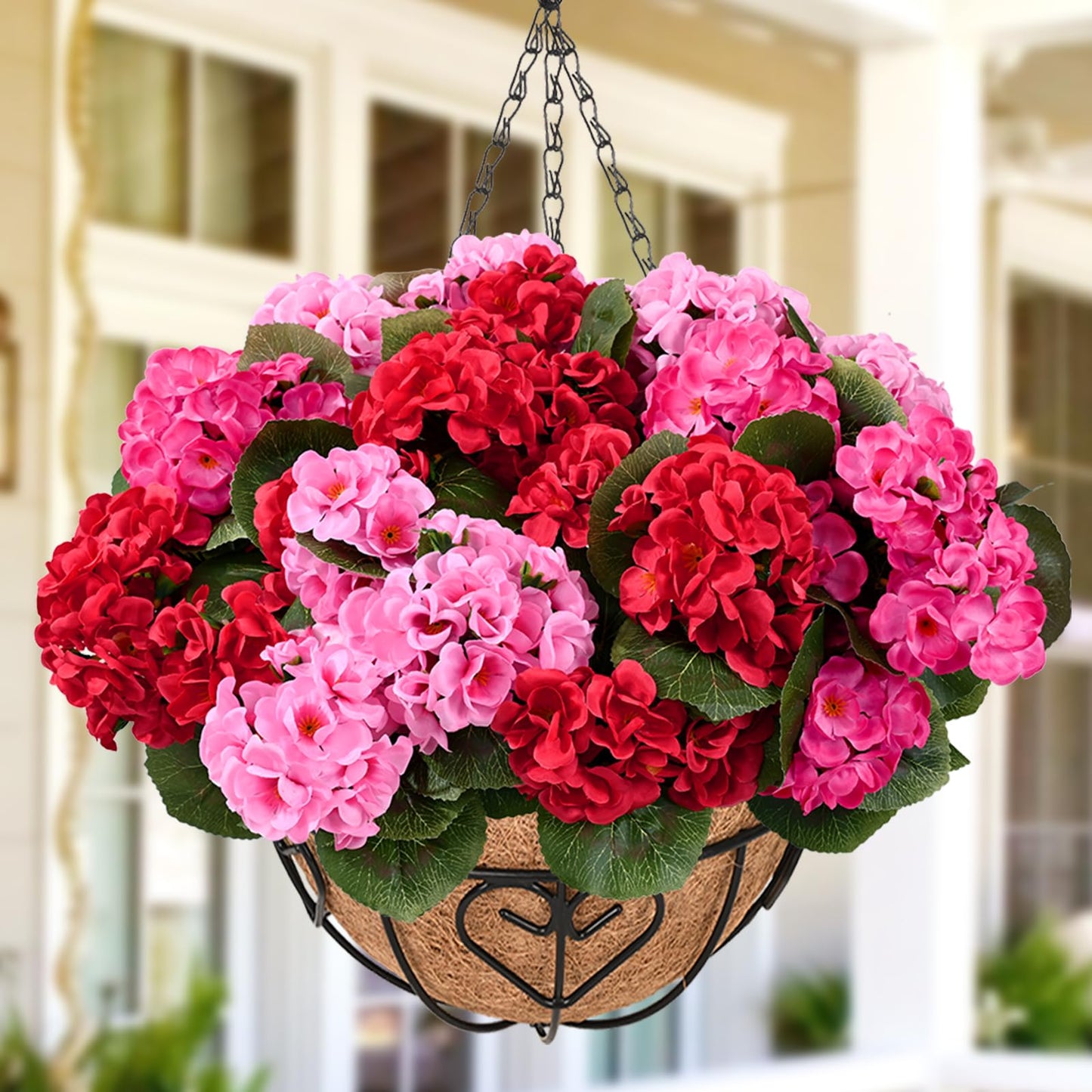 Waipfaru 2 Set Artificial Geraniums for Outdoors with Hanging Baskets, 12 Bundles UV Resistant Artificial Outdoor Plants, Fake Flowers for Spring Front Porch Home Patio Balcony Yard Decor, Mixing