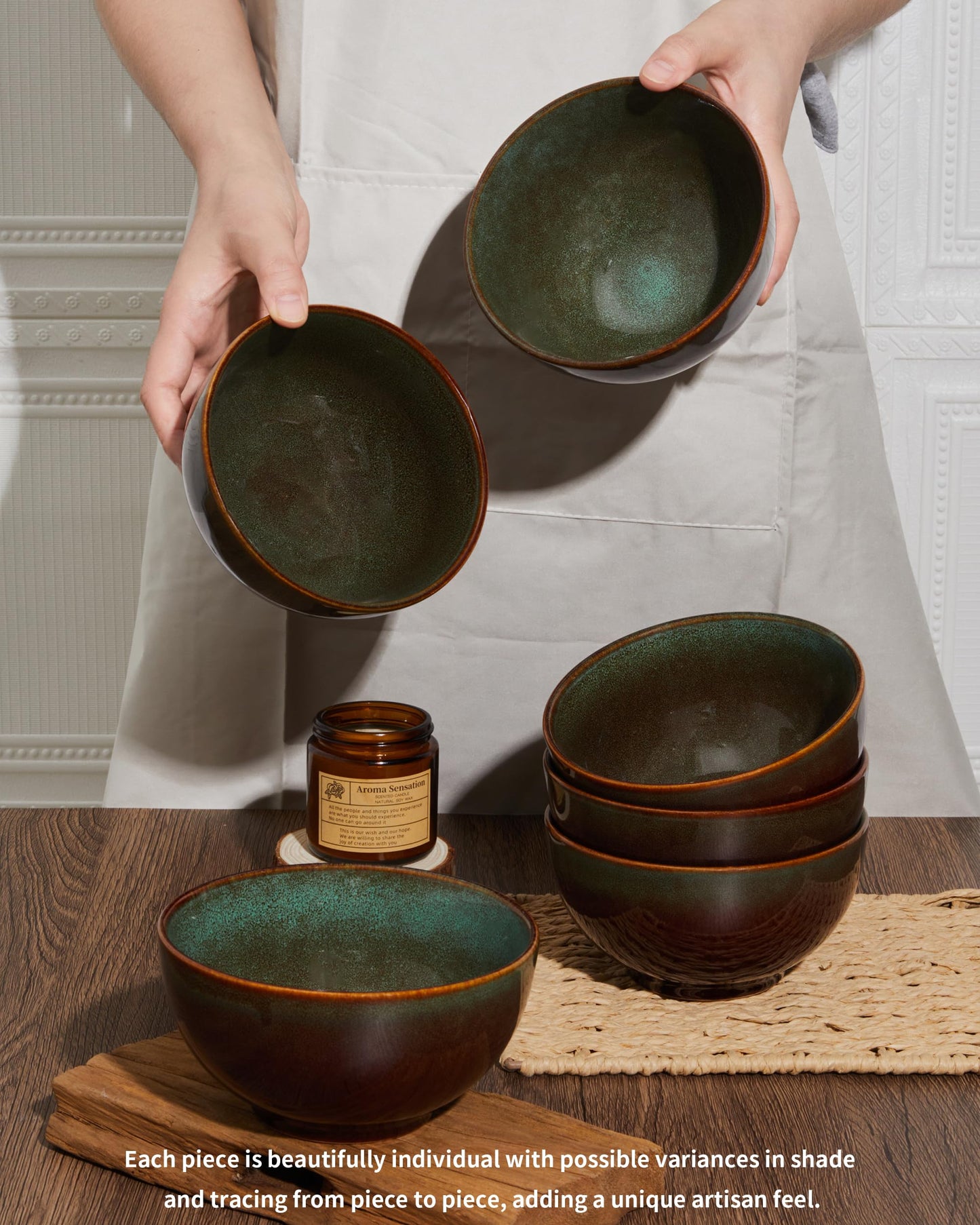 Pokini Stoneware Cereal Bowls Set of 6, 22 Oz Soup Bowls Set for Cereal Soup Snacks, Modern Kitchen Bowls for Meal, Dishwasher & Microwave Safe-Brown and Green