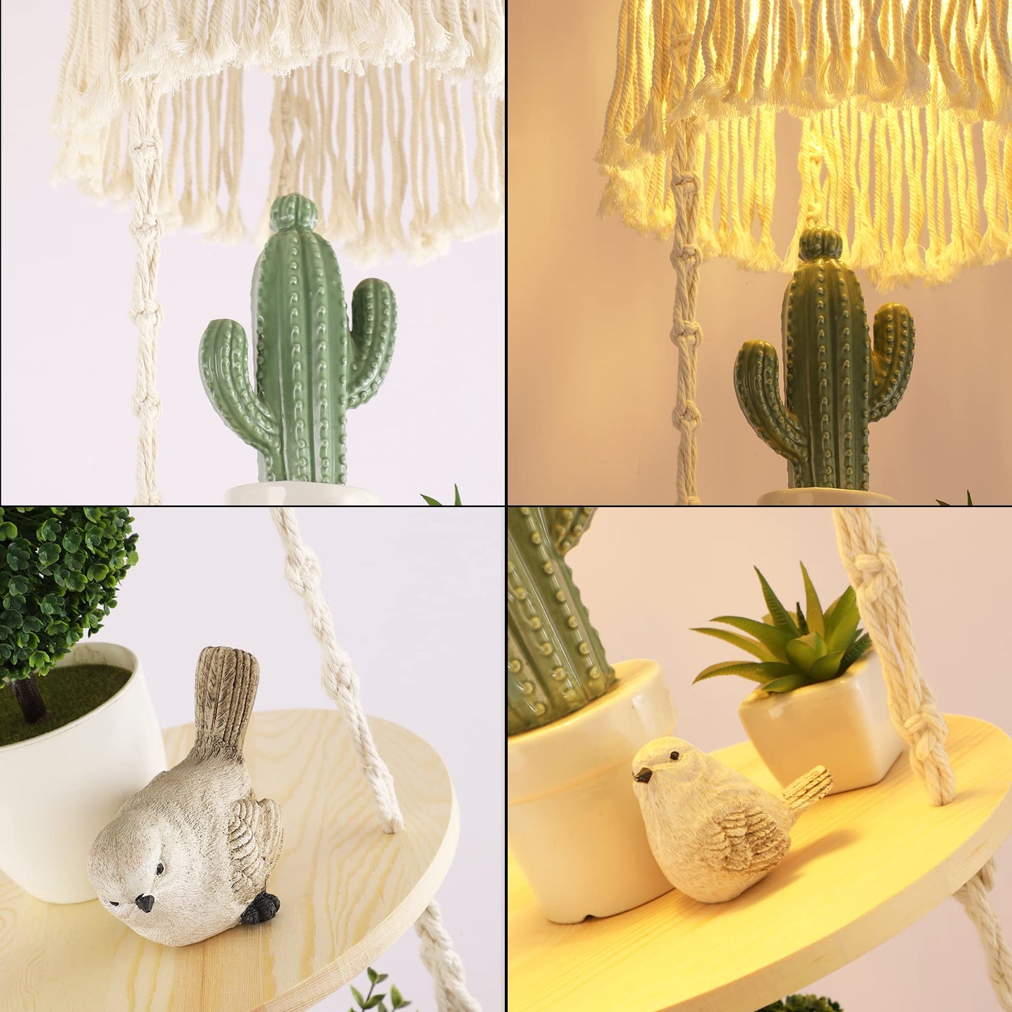 QIYIZM Boho Plug in Pendant Light Hanging Light with Plug in Cord,Dimmable Switch Hanging Lamp Macrame Lamp Shade and Plant Holder Shelf Indoor for Bohemian Decor Bedroom Corner Living Room