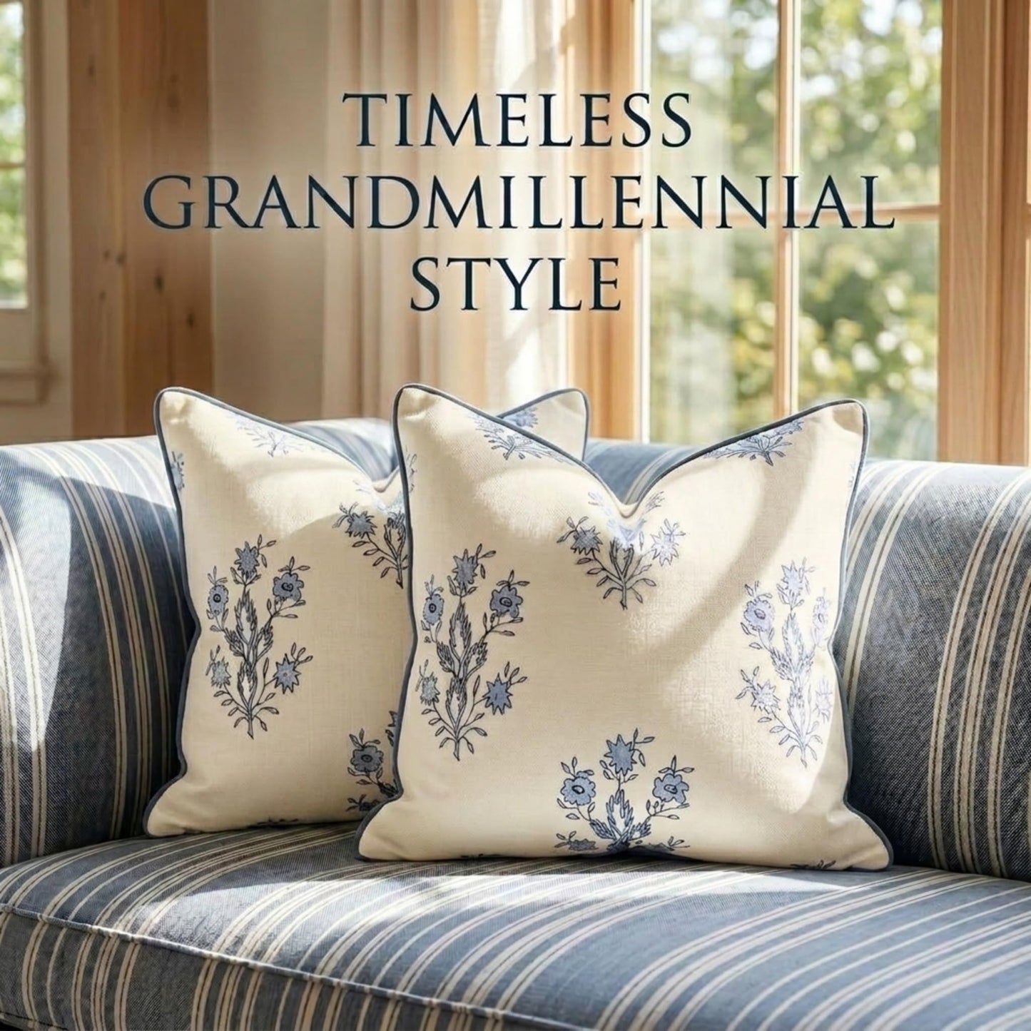 Jillien Harbor “The Mary” Blue and White Decorative Throw Pillow Cover – Floral Block Print Pillow Cover – Grandmillennial Home Decor, 19" x 19"