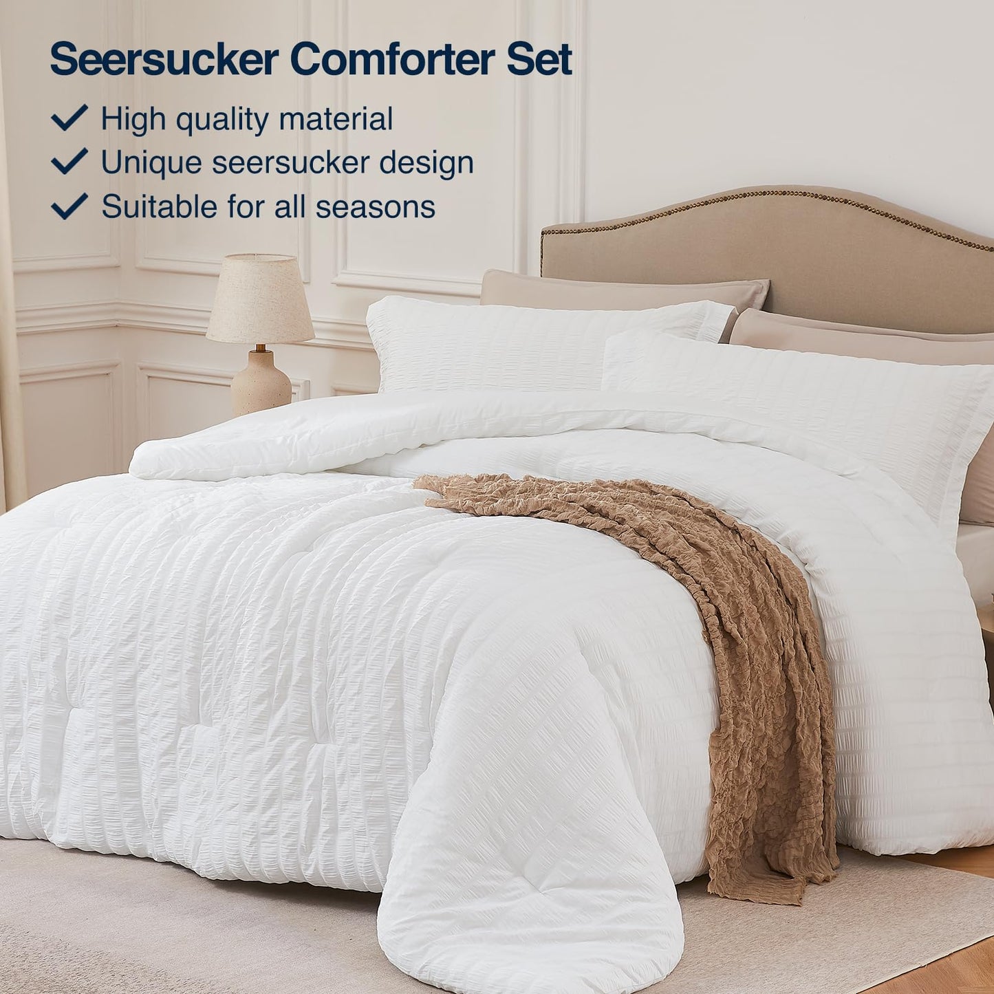 Quataly White Queen Comforter Set - 3 Pieces Seersucker Lightweight Bedding Comforter Sets (1 Soft Fluffy Comforter & 2 Pillowcases) - All Seasons Cozy Modern Bed Sets