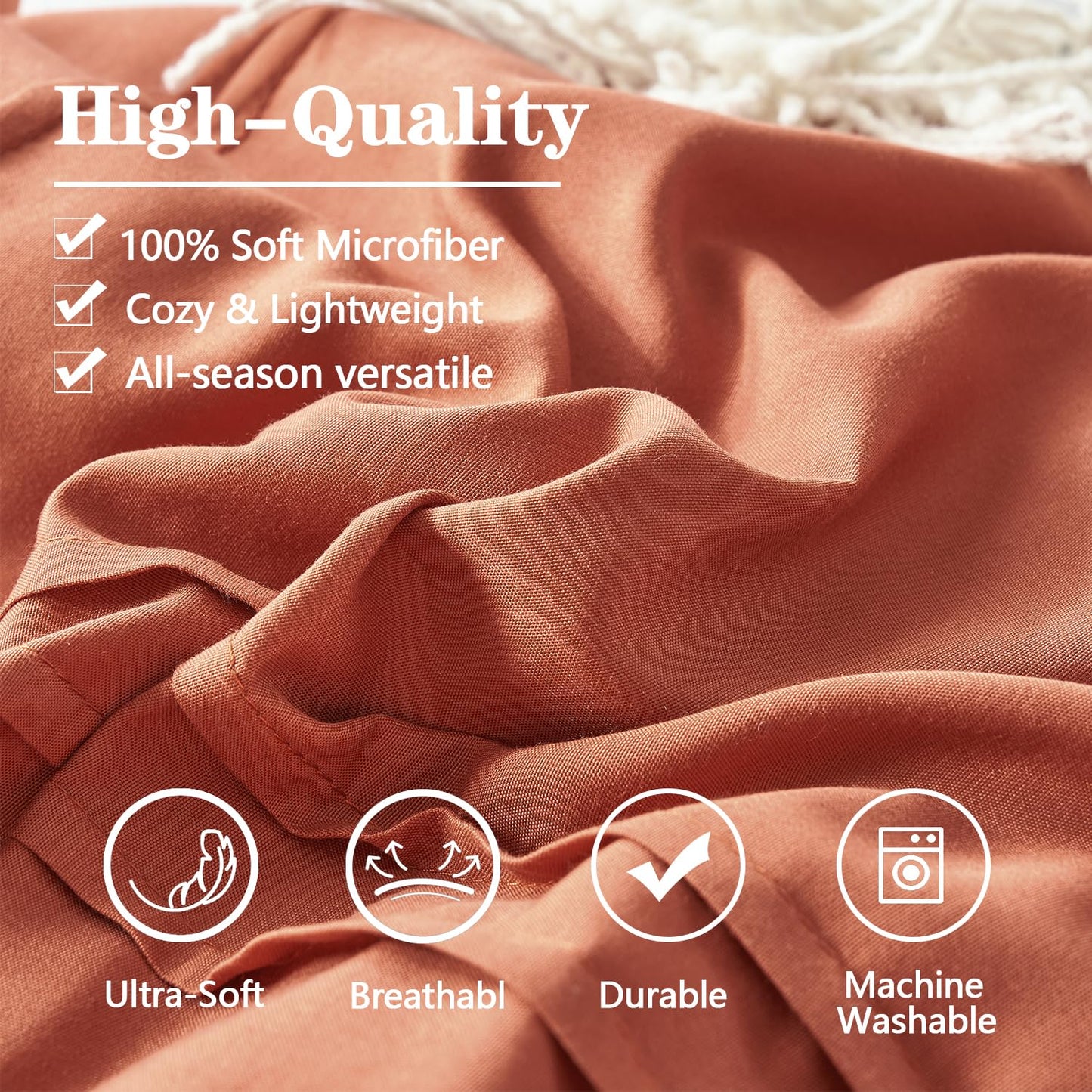 Yogeneg Queen Comforter Set 7 Piece Bed in a Bag,Grid Pinch Pleat Terracotta Bedding Set,Striped Textured Soft Microfiber Comforter with Sheet Set,All Season Complete Bed Set(Terracotta,Queen)