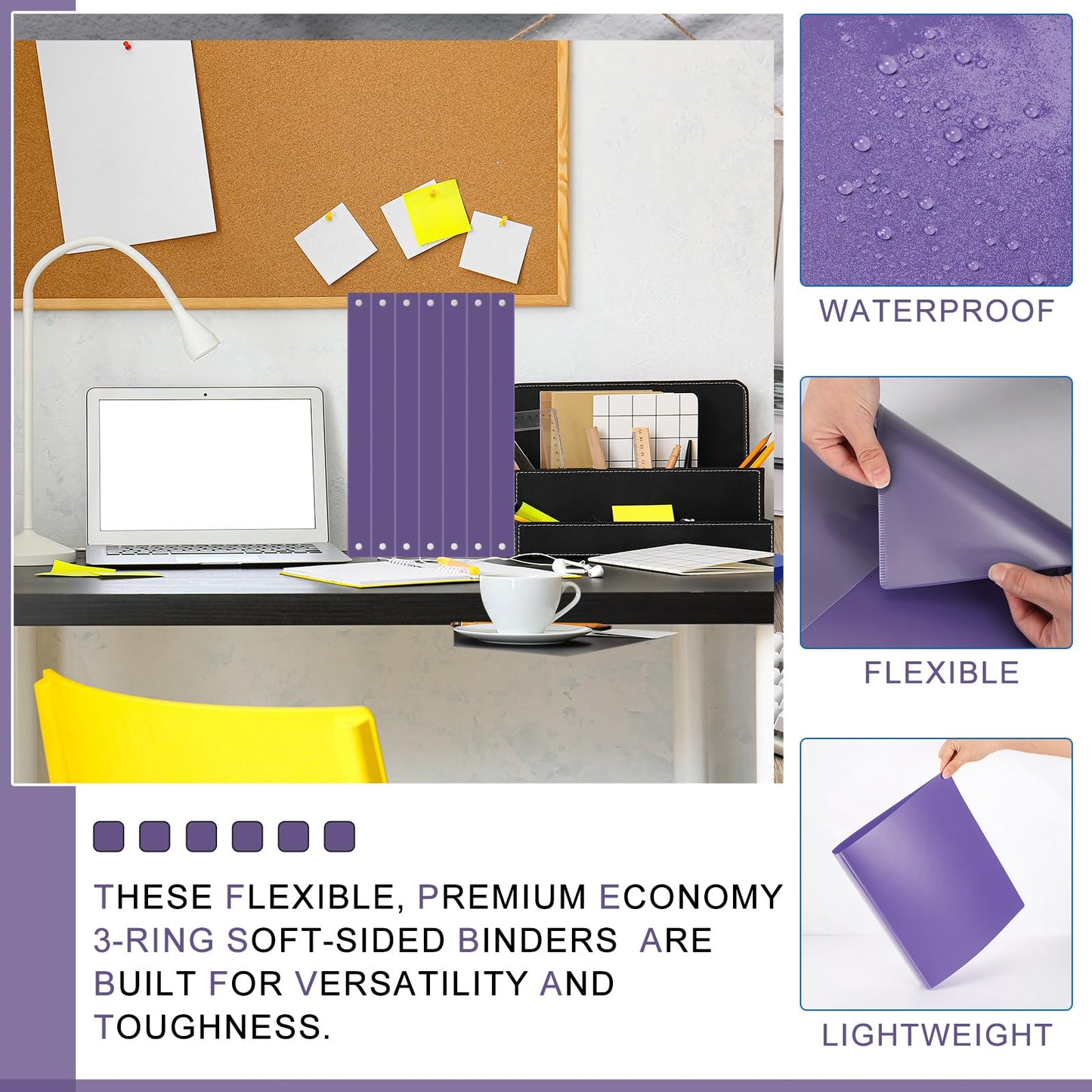 Fulmoon 12 Pcs Economy View 3 Ring Plastic Binder 12.2 x 9.8 Inch Plastic Round Ring Binders with Pockets Notebinder for Meetings for Home, Office, School(Purple, 1 Inch)