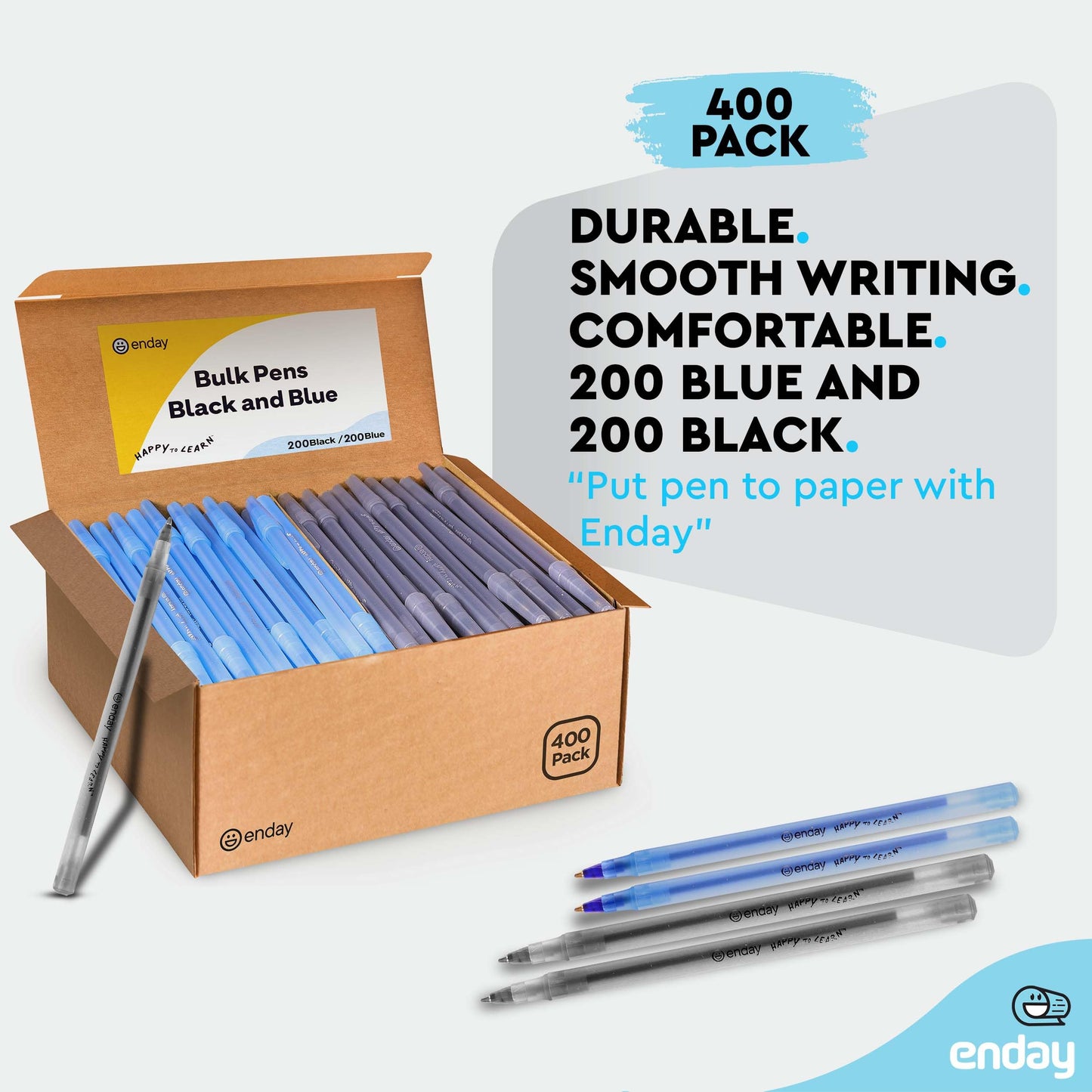 Enday Ballpoint Pens Bulk Blue and Black Pens (400 Pack) 200 Black & 200 Blue - Medium Point (1.0mm) Flexible Round Barrel For Writing Comfort, Pens Bulk for School, Home and Office.