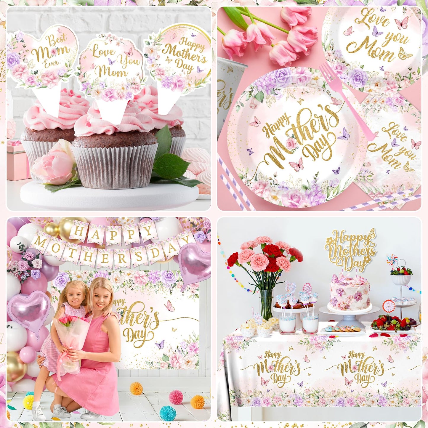 259Pcs Mothers Day Decorations for Party - Purple and Pink Floral Happy Mother's Day Paper Plates and Napkins Mothers Day Balloon Arch,Banners,Cake Toppers for Best Mom Ever Party Favor 24 Guests