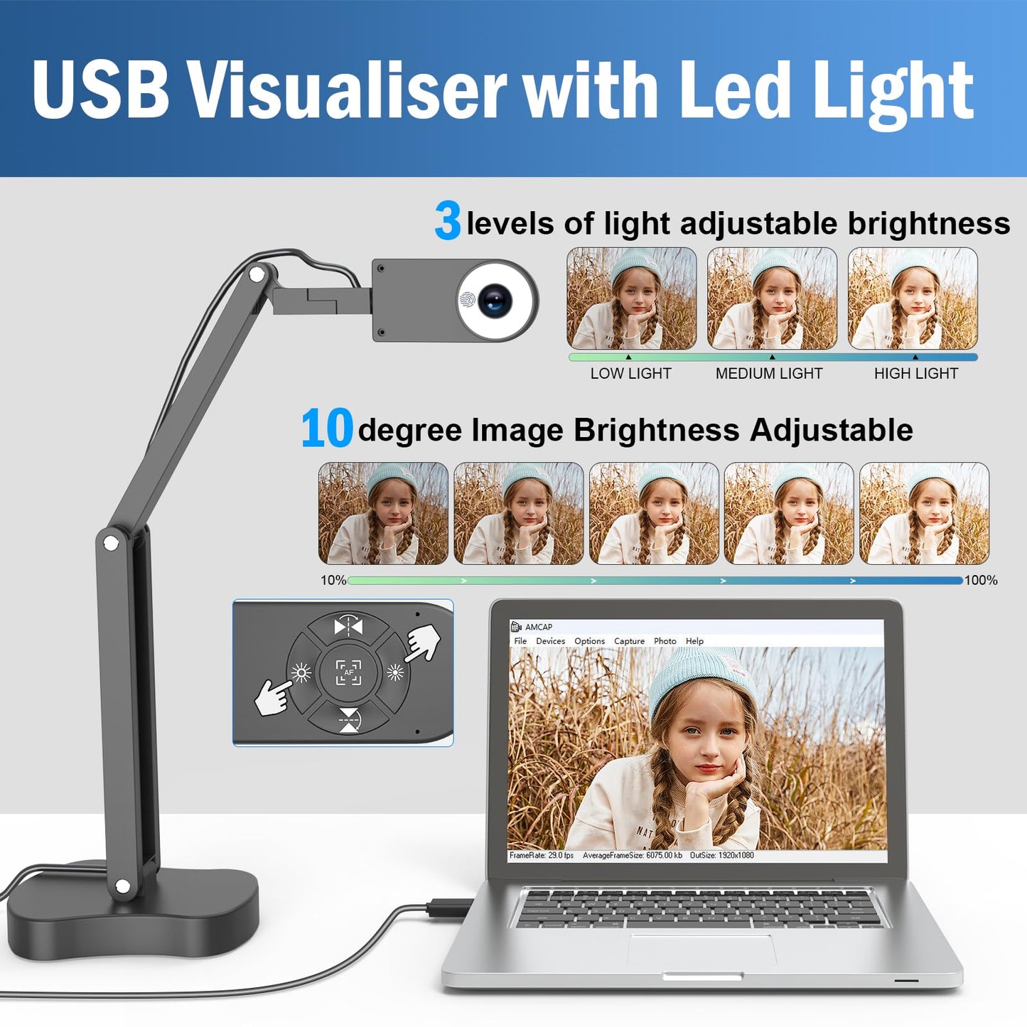 Gawervan 8MP USB Document Camera, Auto Focus, LED Light, Image Reversal, Built-in Mic, Mac OS, Windows, Chromebook for Distance Learning, Remote Teaching, Web Conferencing, Live Demo