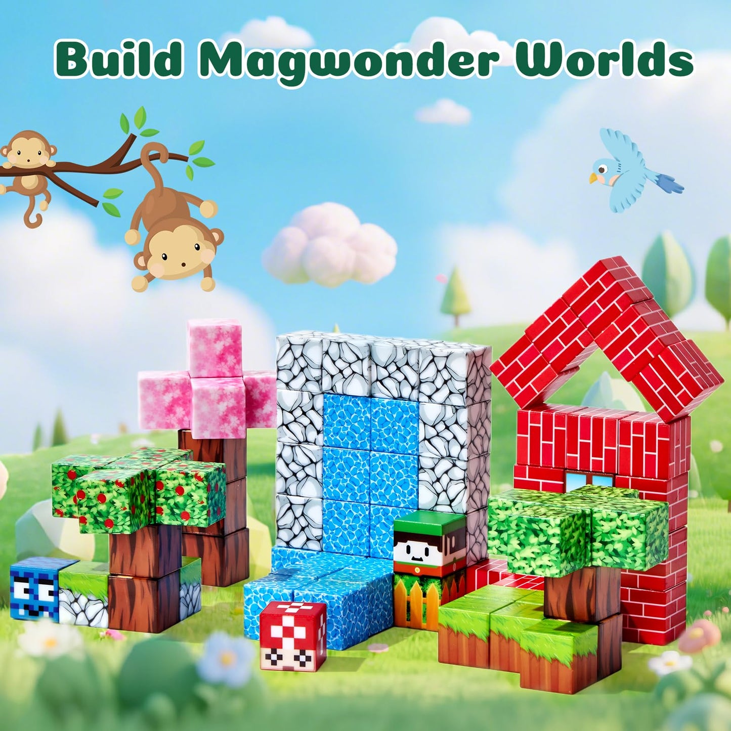 Magnetic Blocks, 100 PCS Magnetic Building Blocks, Forest Theme 1-Inch STEM Constructions Magnet Blocks for Boys Girls Ages 3+, Educational Sensory Stacking Toys for Kids Christmas Birthday Gifts