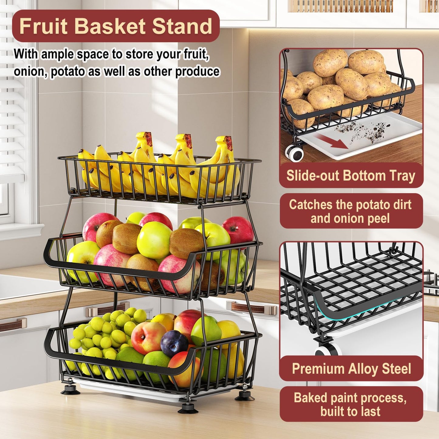 Miyawell 3-Tier Rolling Pantry Cart with Wheels, Stackable Wire Storage Floor Organizer for Kitchen Pantry Snack Shelves, Fruit Basket Stand, Vegetable Storage Rack for Food Snacks Onion Potato