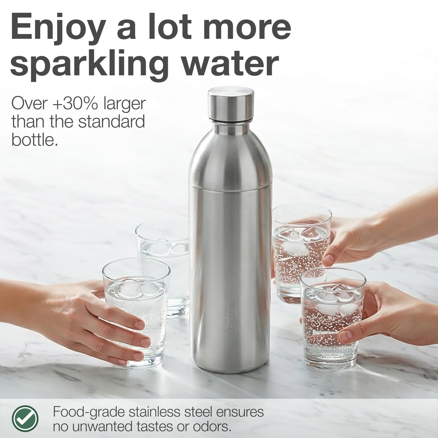 Nordiqo Stainless Steel Carbonating Bottle 43 oz | Compatible with Aarke Carbonator 3 (Not Pro) and SMEG Soda Makers | No Expiration date | Plastic-Free | Dishwasher Safe | Replacement Bottle