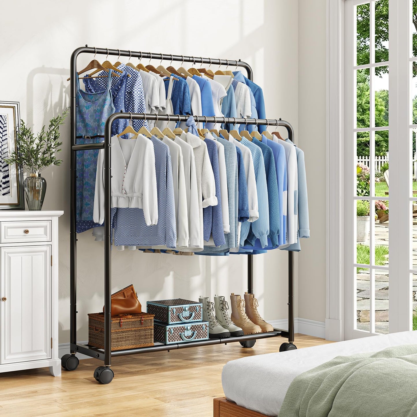 Simple Trending Clothing Clothes Rack Double Rods with Wheels, Rolling Metal Garment Rack for Hanging, Black
