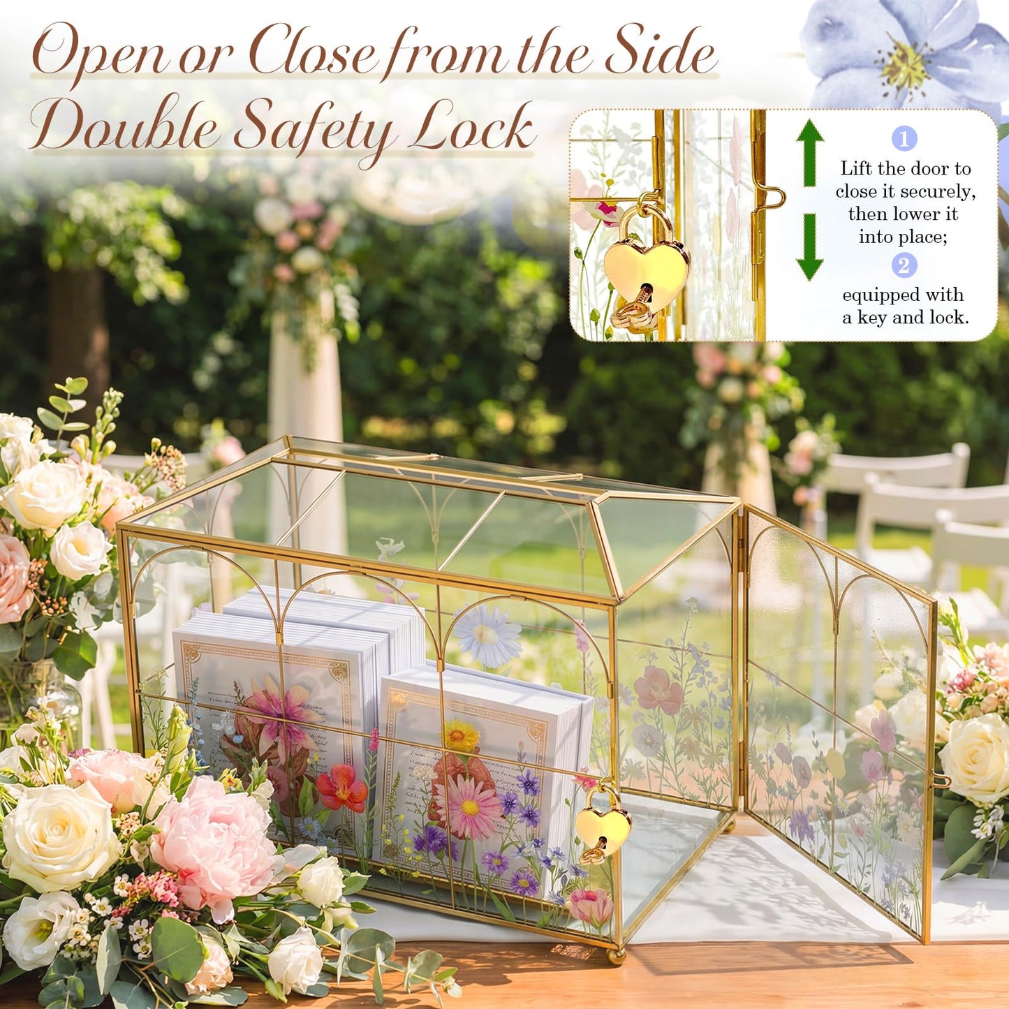 AerWo Glass Wedding Card Box with Lock, Gold Rim Gift Card Box for Wedding with Flower Patterns, Clear Wedding Card Boxes for Reception Memory Money Box for Graduation Baby Shower Birthday Party Decor