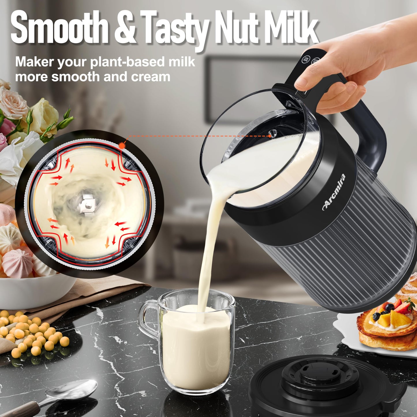 6-in-1 Nut Milk Maker, 8 Blade 27oz Homemade Almond, Soy, Coconut, Oat, Plant Based Milks and Non Dairy Beverages, Soy Milk Maker Machine with Delay Start/Keep Warm/Self-Cleaning/Boil Water