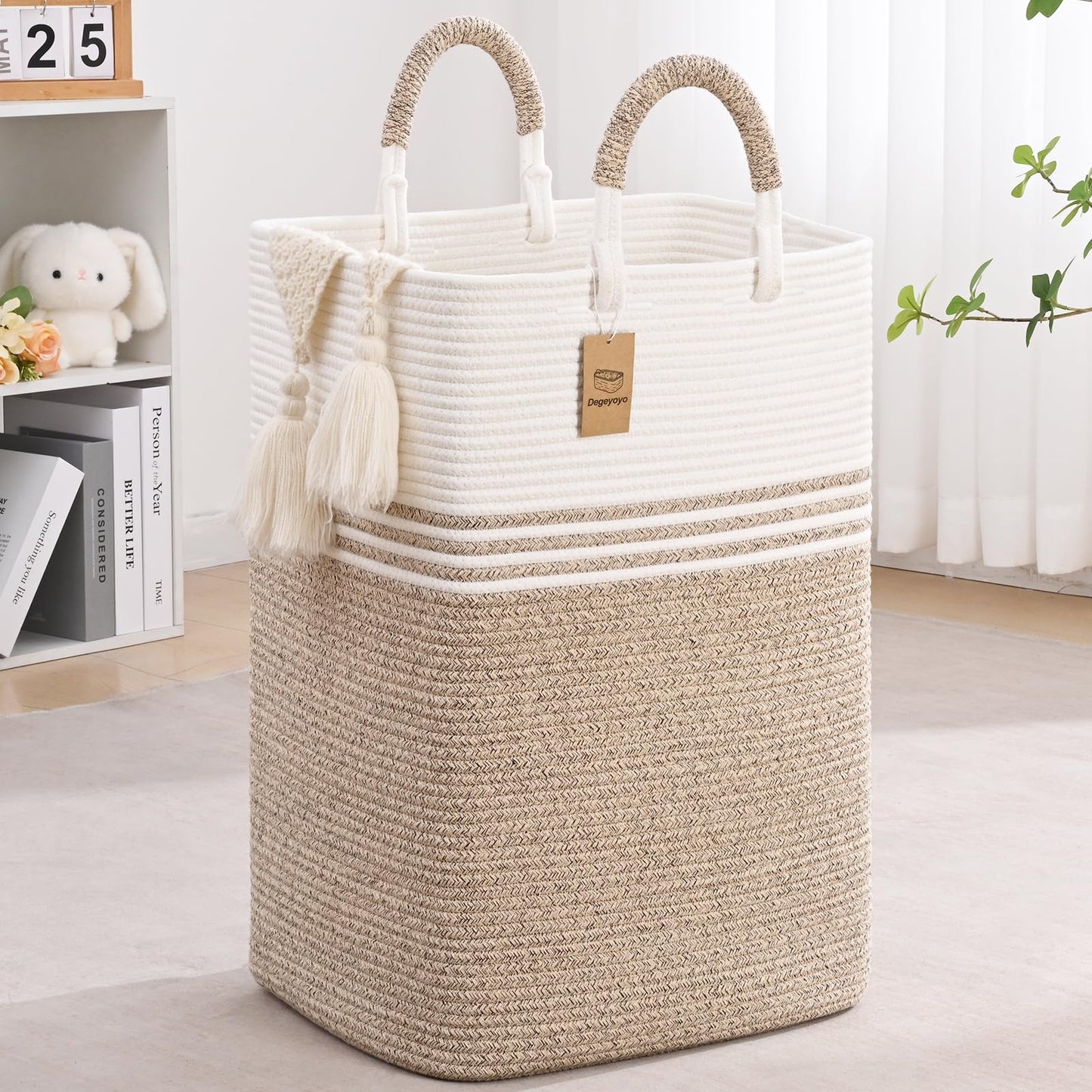 Laundry Basket Hamper,Blanket Storage,Dirty Clothes Hamper with Swivel Handles,Woven Cotton Rope Toy Baskets,Blanket Basket Living Room,Decorative Hampers for Nursery,Bedroom,White & Linen,100L