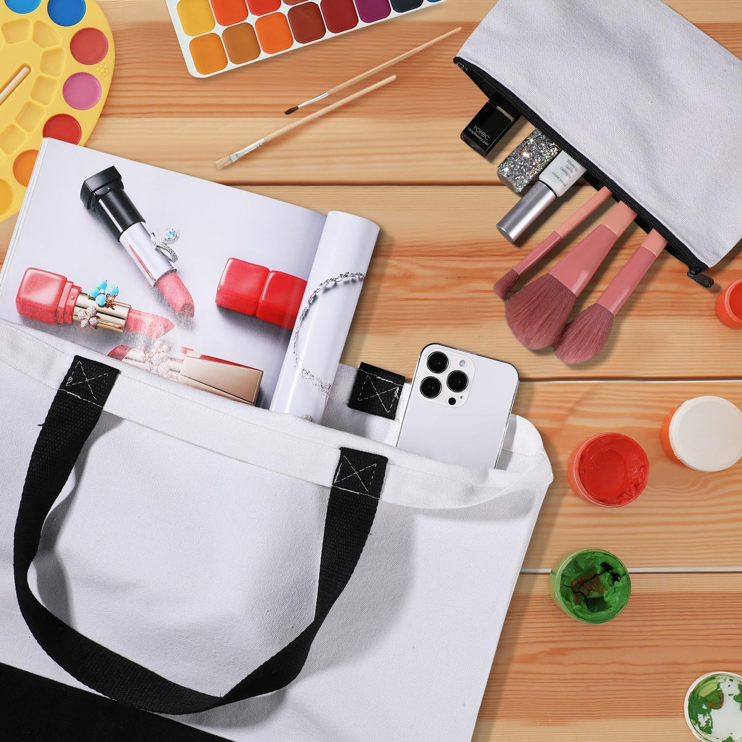 Wesiti 28 Piece Blank Canvas Tote and Makeup Bag Bulk Plain Cotton Tote with Handle Cosmetic Pouch with Zipper Reusable Grocery Bag for DIY Sublimation Embroidery Craft Wedding Christmas Gift