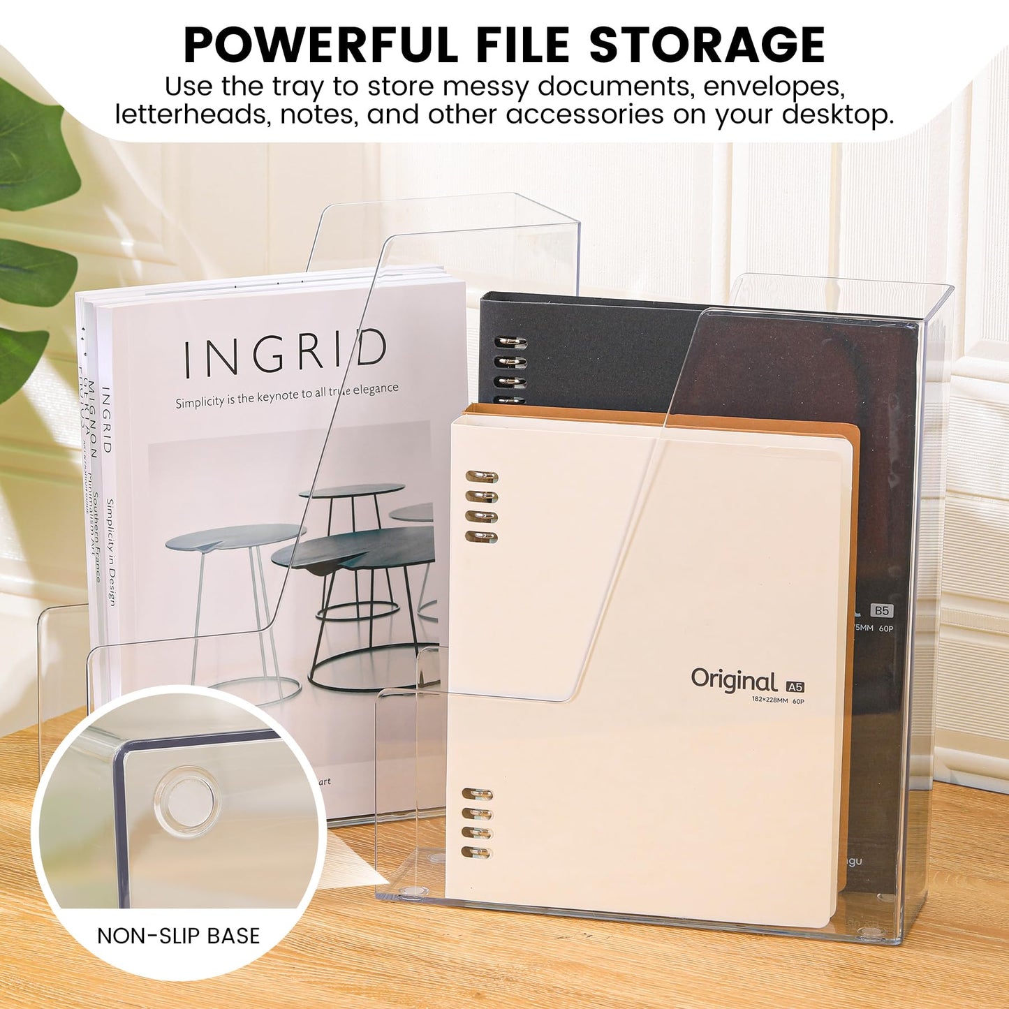 CiWiVOKi Vertical File Holder, Clear PET Desk Organizer and Storage Bins Holding for Magazines, Binders, Notebooks, Envelopes, Multi-purpose Plastic Document Organizer for Home Office, 4 pack