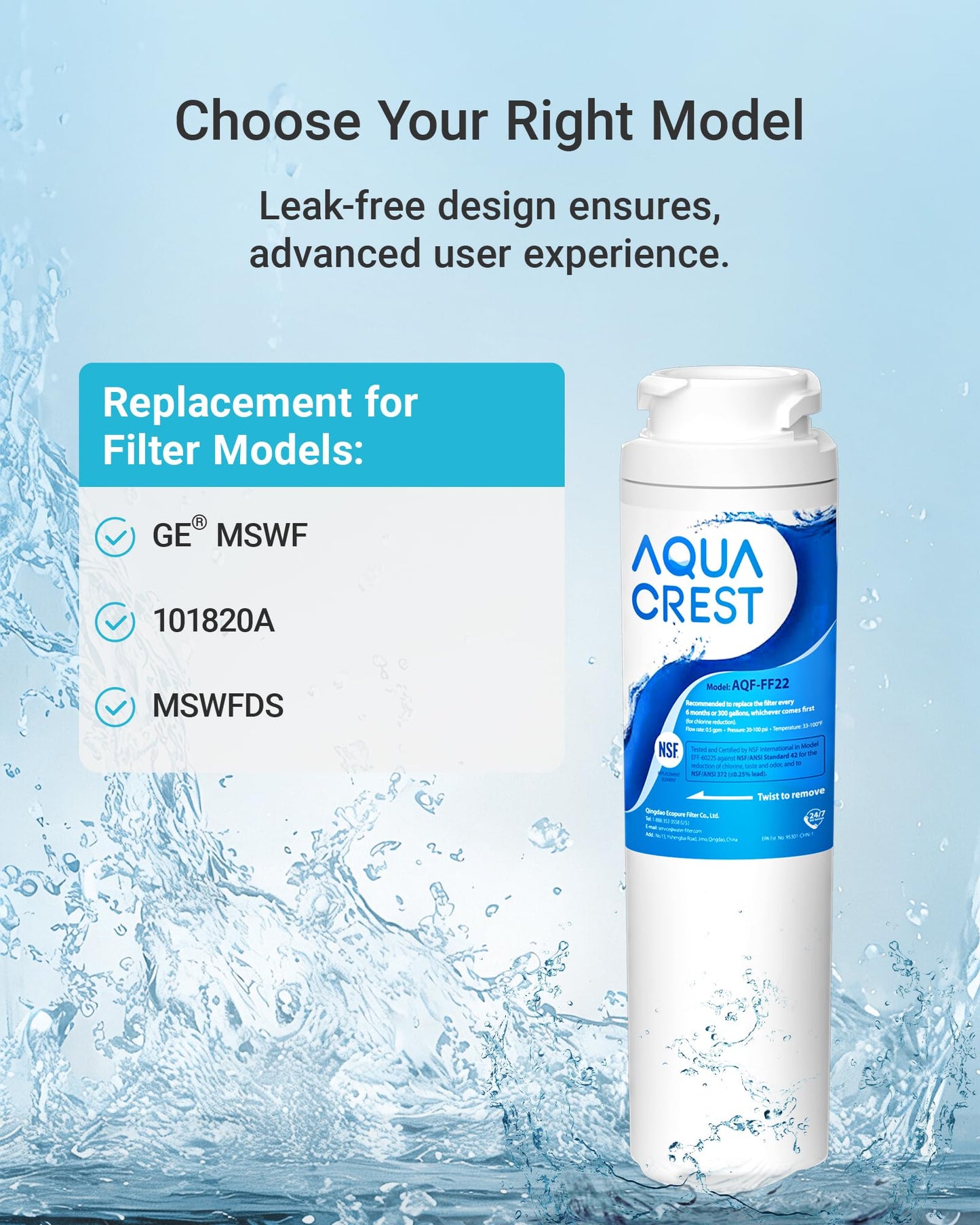 AQUA CREST MSWF Refrigerator Water Filter, Replacement for GE® MSWF, 101820A, 101821B, RWF1500A, 3 Pack