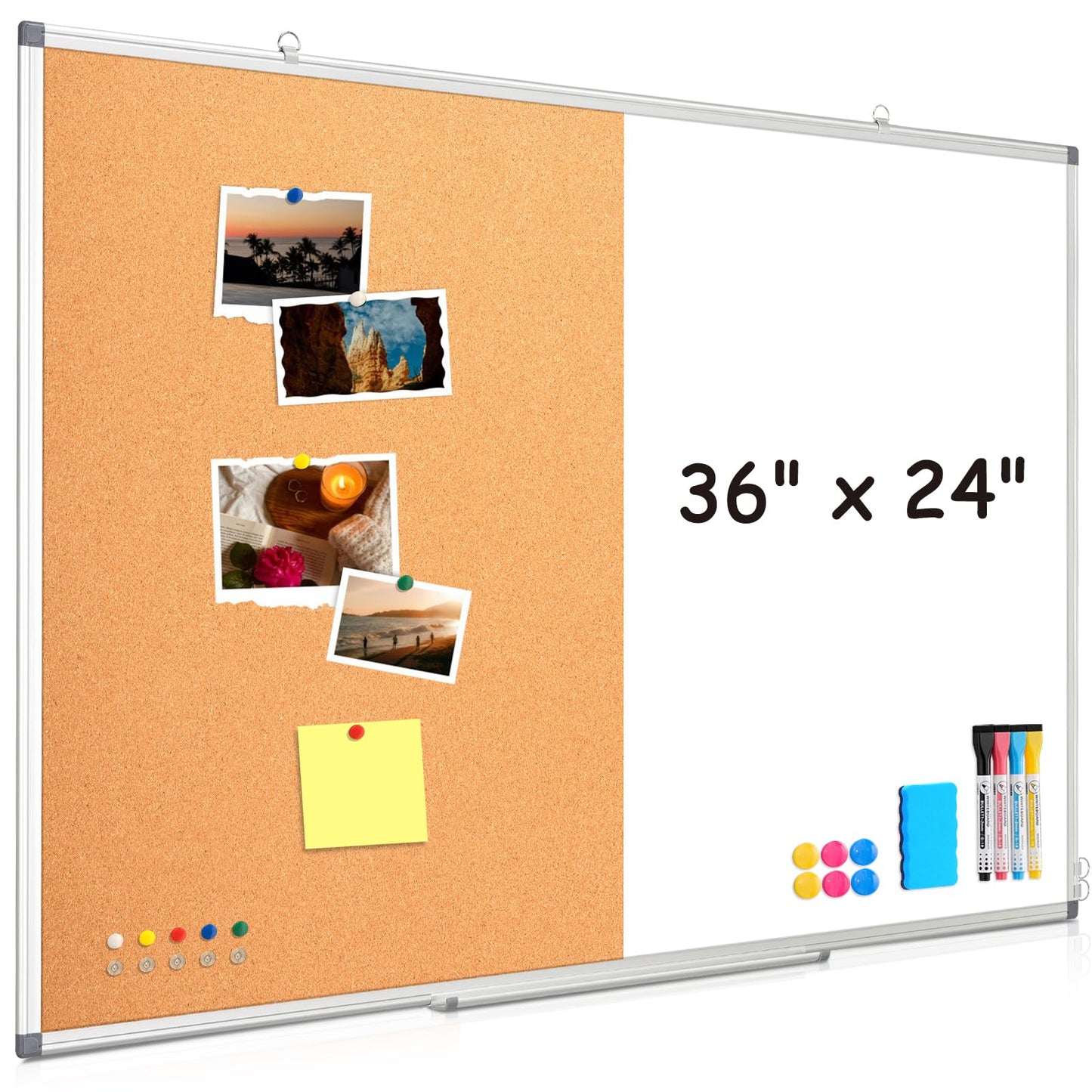 WALGLASS Combination Magnetic Whiteboard & Corkboard, 36"x24" Combo for School, Office & Home, Dry Erase Board with Removable Tray, Pins, Eraser, Markers & Magnets