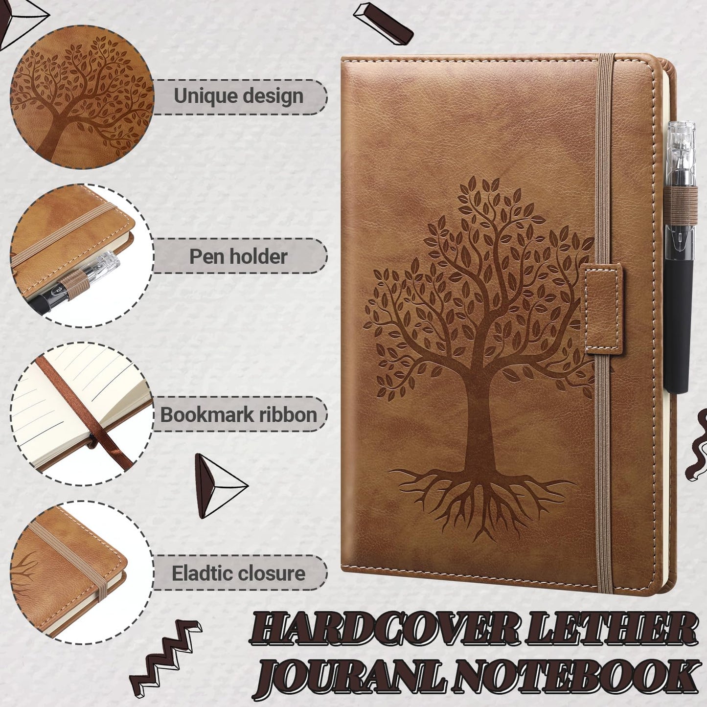 Estune 10 Pack Lined Journal Notebook A5 Tree of Life Hardcover Leather Journal with 10 Pen, College Ruled Notebook for Travel, Business, Work, Office, School Note Taking Diary(Retro Dark Color)