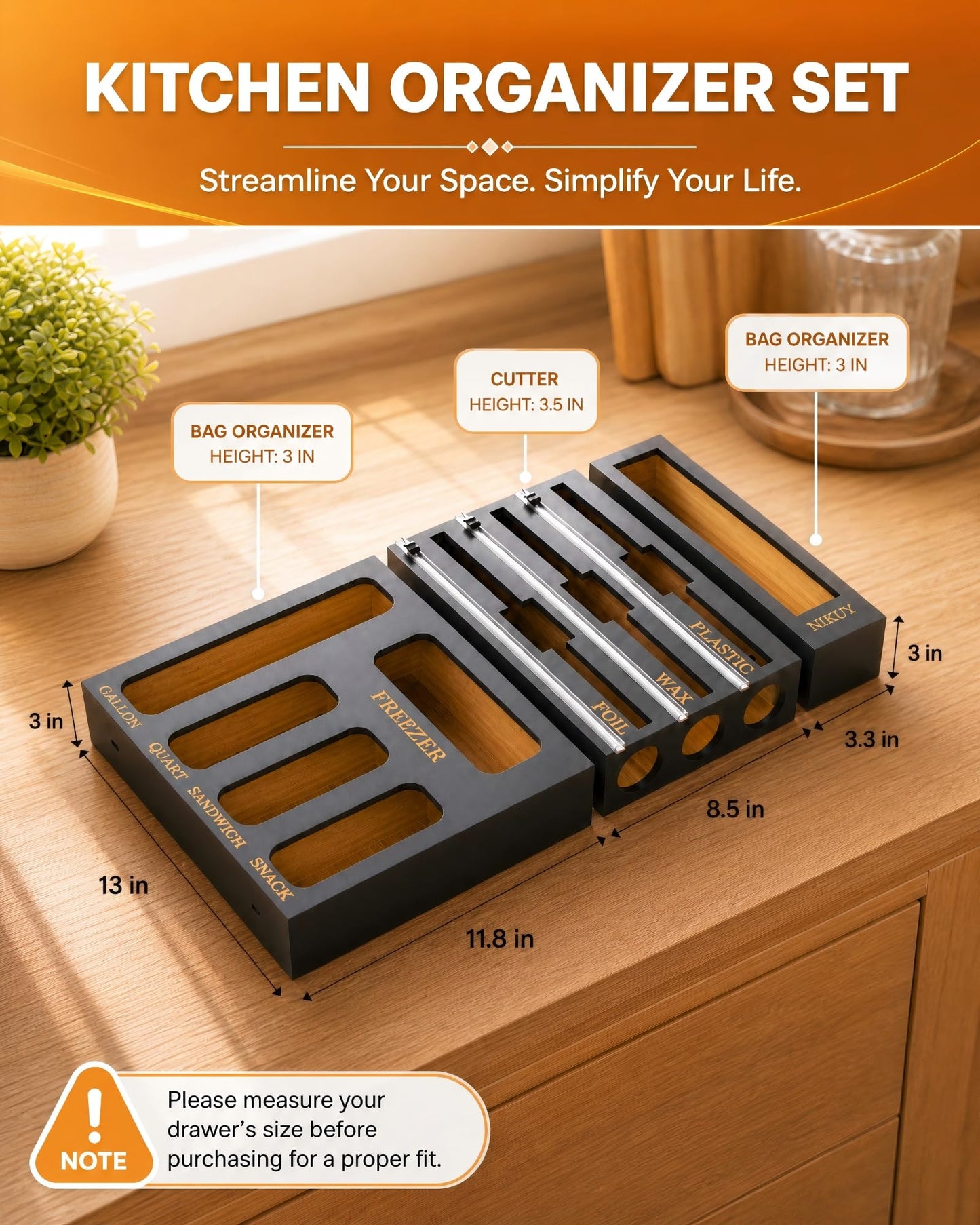 NIKUY 9 IN 1 Bamboo Foil and Plastic Wrap Organizer for Kitchen Drawer, Plastic Bag Organizer Organization and Storage, Food Storage Bag Organizer (BLACK)
