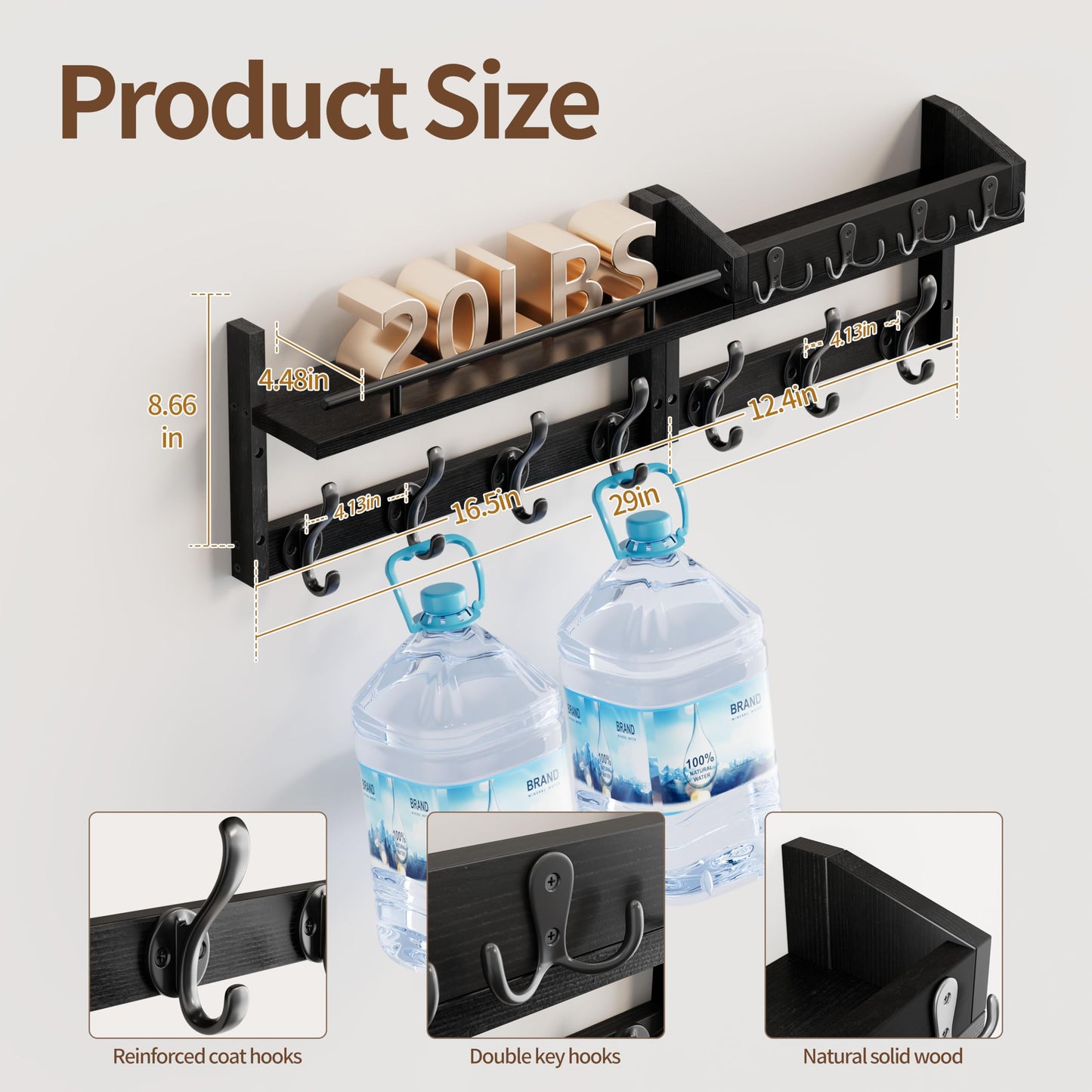 Segtenant 29 inch Coat Rack Wall Mount with Shelf, Heavy Duty Coat Hooks Wall Mount, Entryway Coat Hanger Wall Shelf with Key Holders and Mail Organizer for Living Room, Bedroom, Bathroom, Black