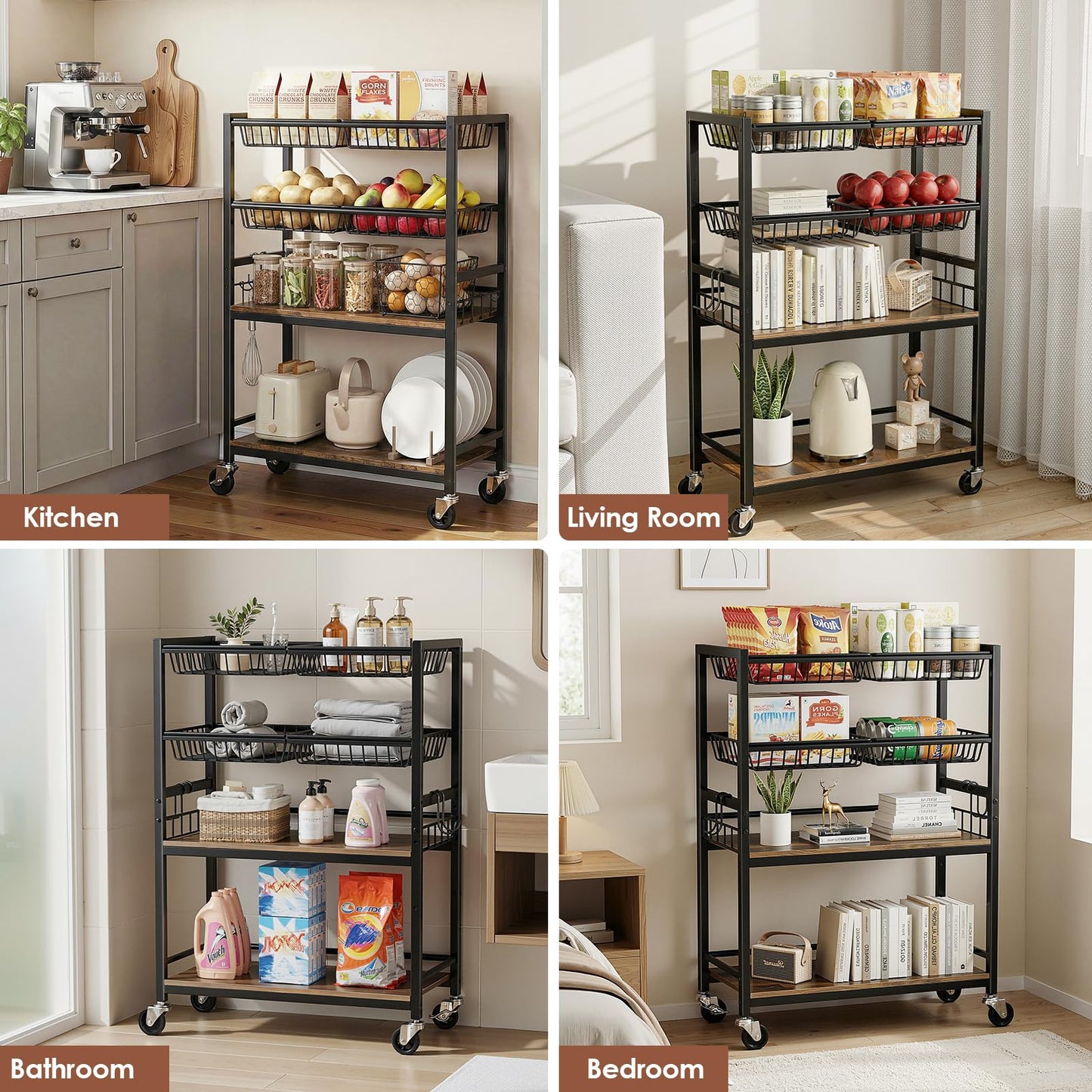 Kssiaz Fruit Vegetable Storage Cart, 4-Tier Rolling Kitchen Storage Cart, Fruit & Vegetables Basket Stand, Snack Organizer Shelf Unit for Kitchen, Bathroom, Living Room, Office, Balcony, Black