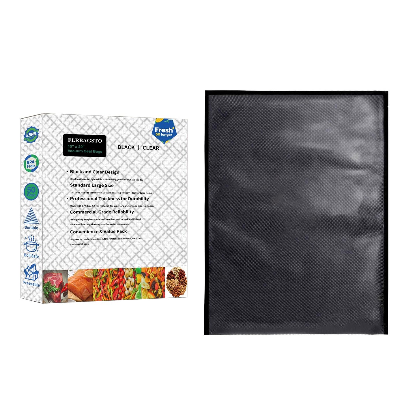 FLRBAGSTO Black and Clear Vacuum Sealer Bags 15" x 20", 5.5 Mil Precut Vacuum Seal Bags for Food Storage, Sous Vide, and Meal Prep, Heavy Duty Commercial Grade, 50 Count