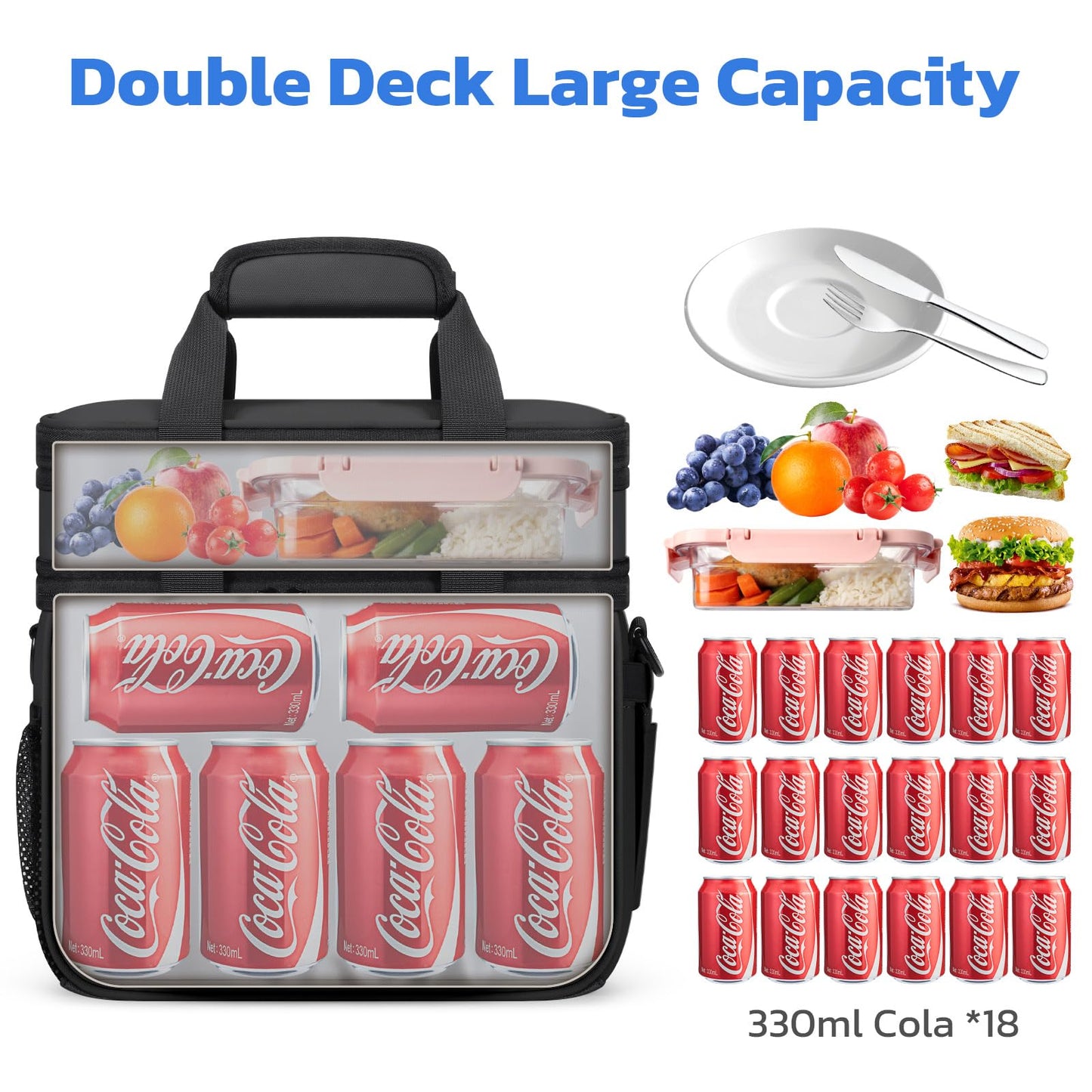 Maelstrom Lunch Box, 20L Insulated Lunch Bag for Men Women, Expandable Double Deck Leakproof Cooler Bag with 6 Pockets, Reusable Lunch Tote Bag for Work, Picnic, Travel, Black