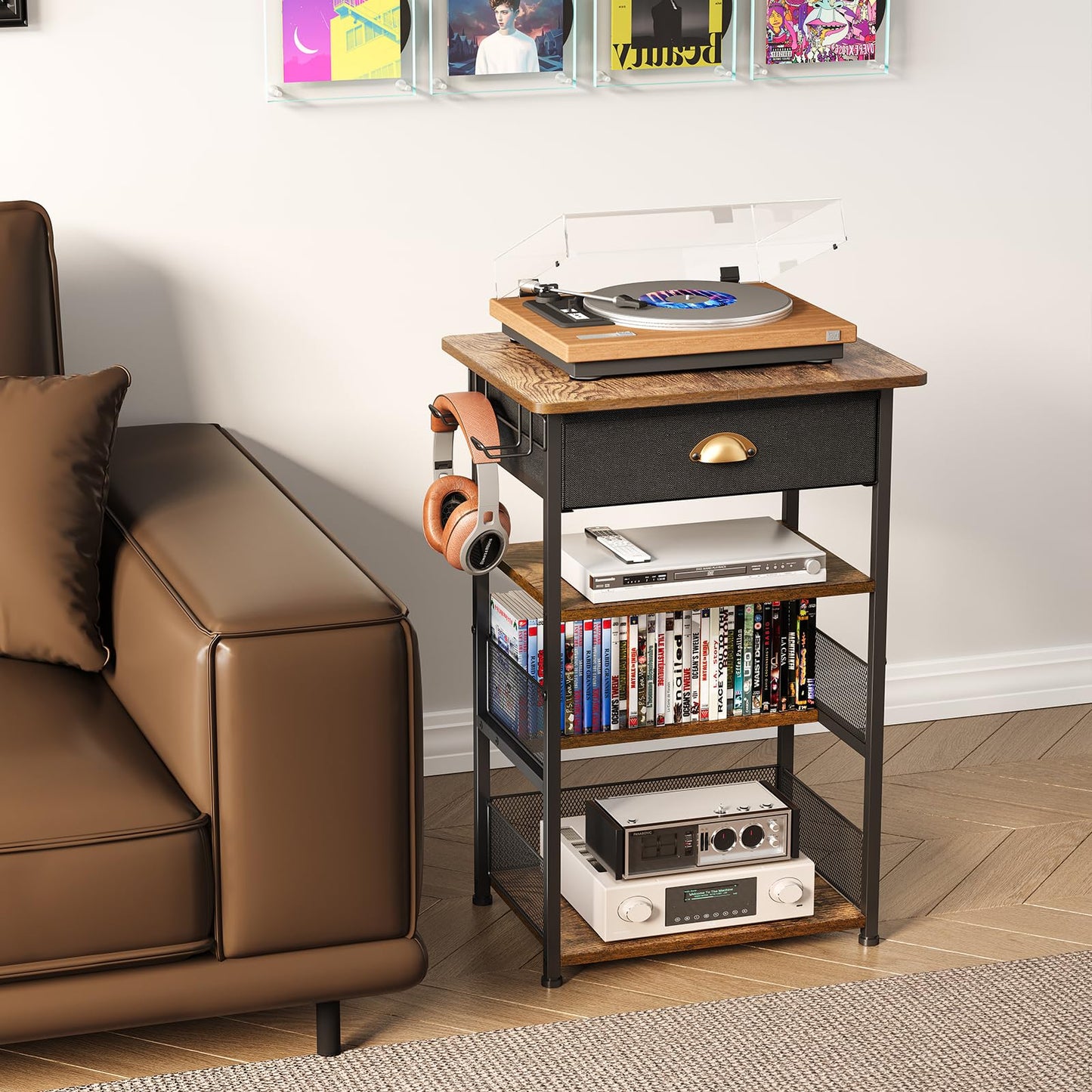 Hongtamoya 4-Tier AV Media Stand with Drawer, Video Game Console Shelf with 2 Hooks, Audio Rack Tower Perfect for/Xbox/ PS5/Switch/Game Consoles/DVD/Record Player/Projector/Sky Box/TV Accessories