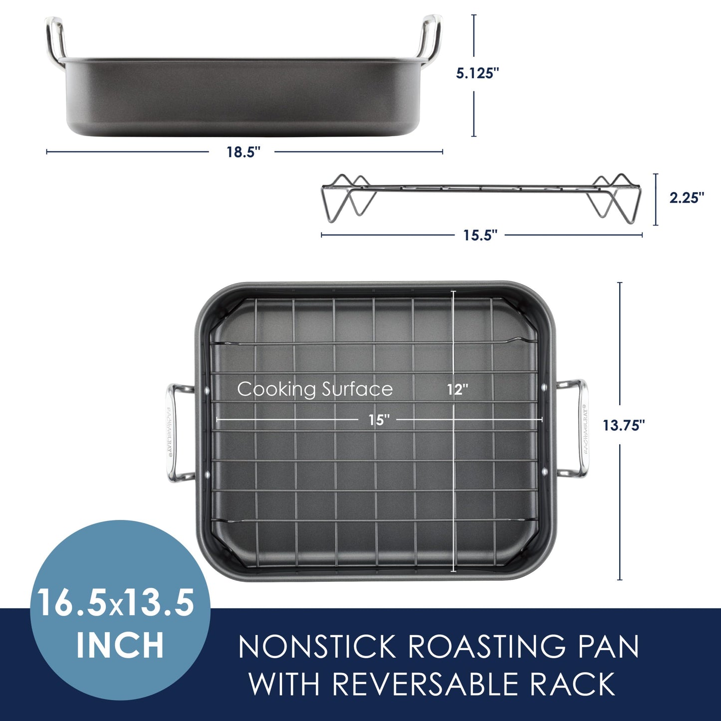 Rachael Ray Bakeware Nonstick Roaster/Roasting Pan with Reversible Rack, 16.5 Inch x 13.5 Inch, Gray