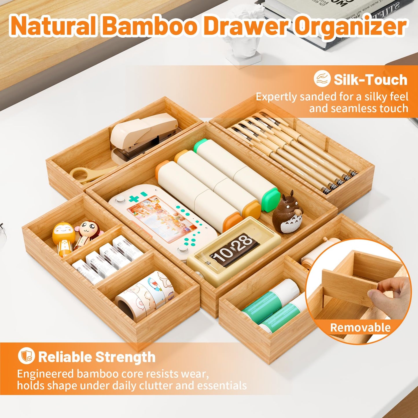 SpaceWhisper Bamboo Drawer Organizer, 10-Piece Drawer Divider with Removable Dividers for Organization and Storage, Multi-Use Stackable Storage Box & Utensil Holder for Kitchen, Office, Makeup & More
