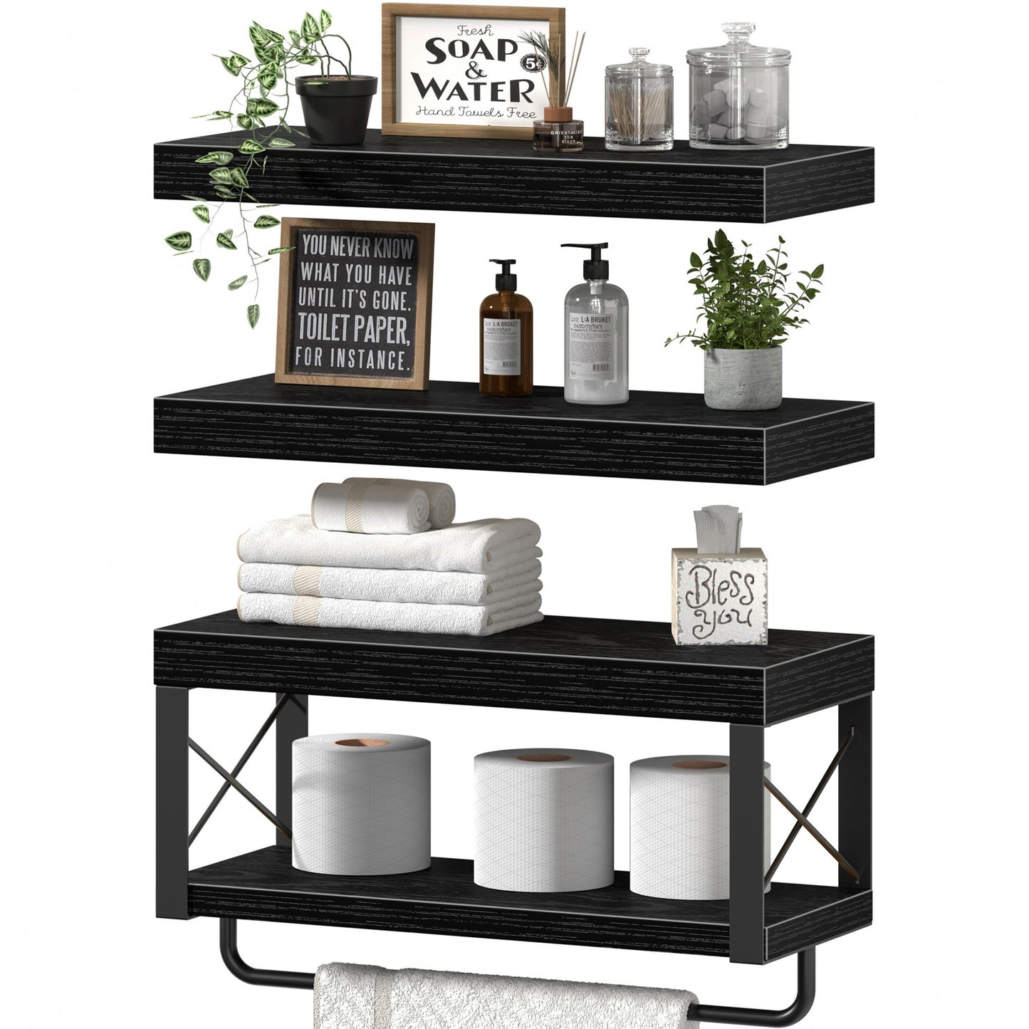 QEEIG Bathroom Shelves Over Toilet - Floating Shelf for Wall Toilet Paper Storage Farmhouse 16 inch Set of 3, Black (029-40B3)
