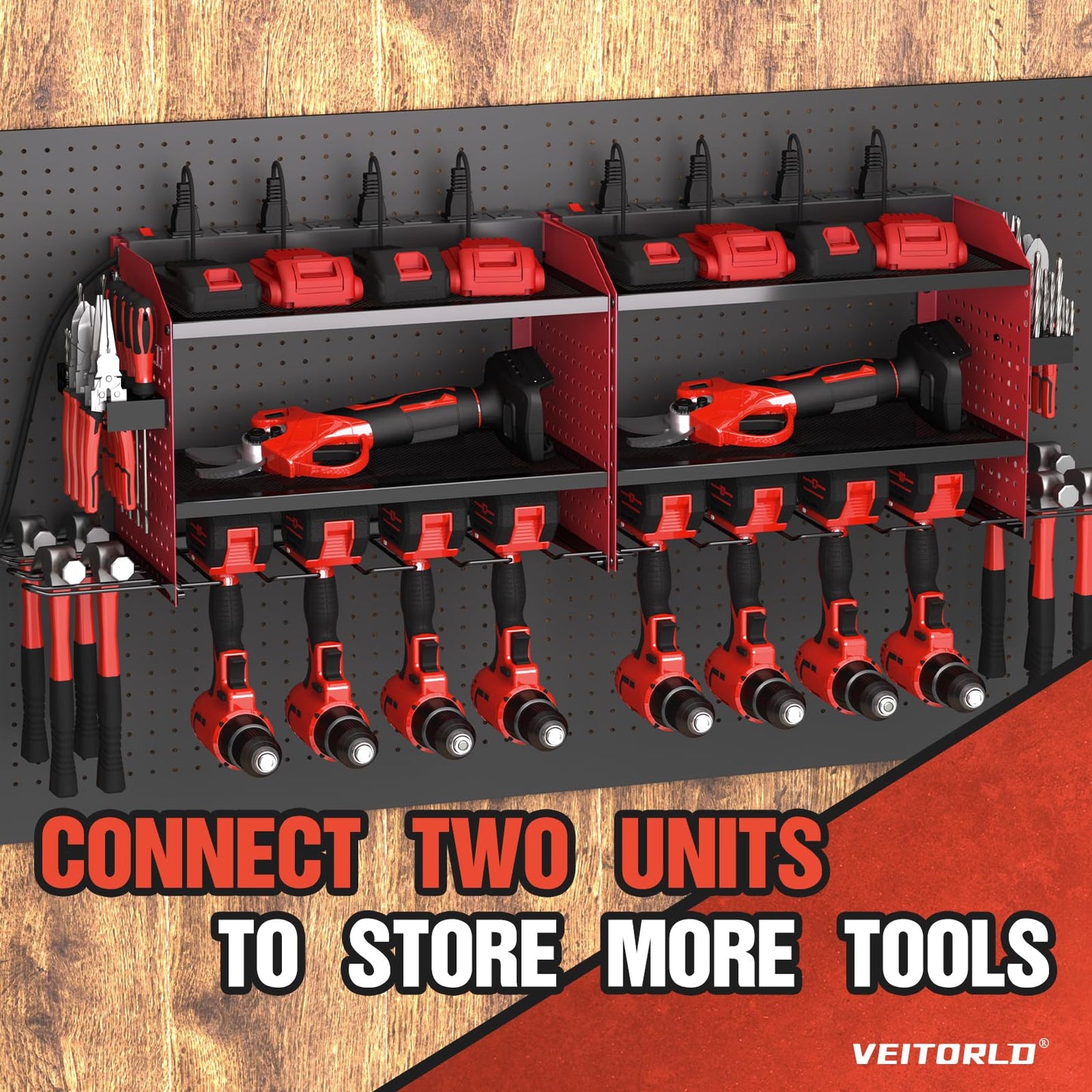 Power Tool Organizer with Charging Station, Heavy Duty Modular Wall Mount Rack for Garage & Shed Organization, 4 Drill Holders, Fathers Day Anniversary Birthday Gifts for Men Dad Him Husband(Red)