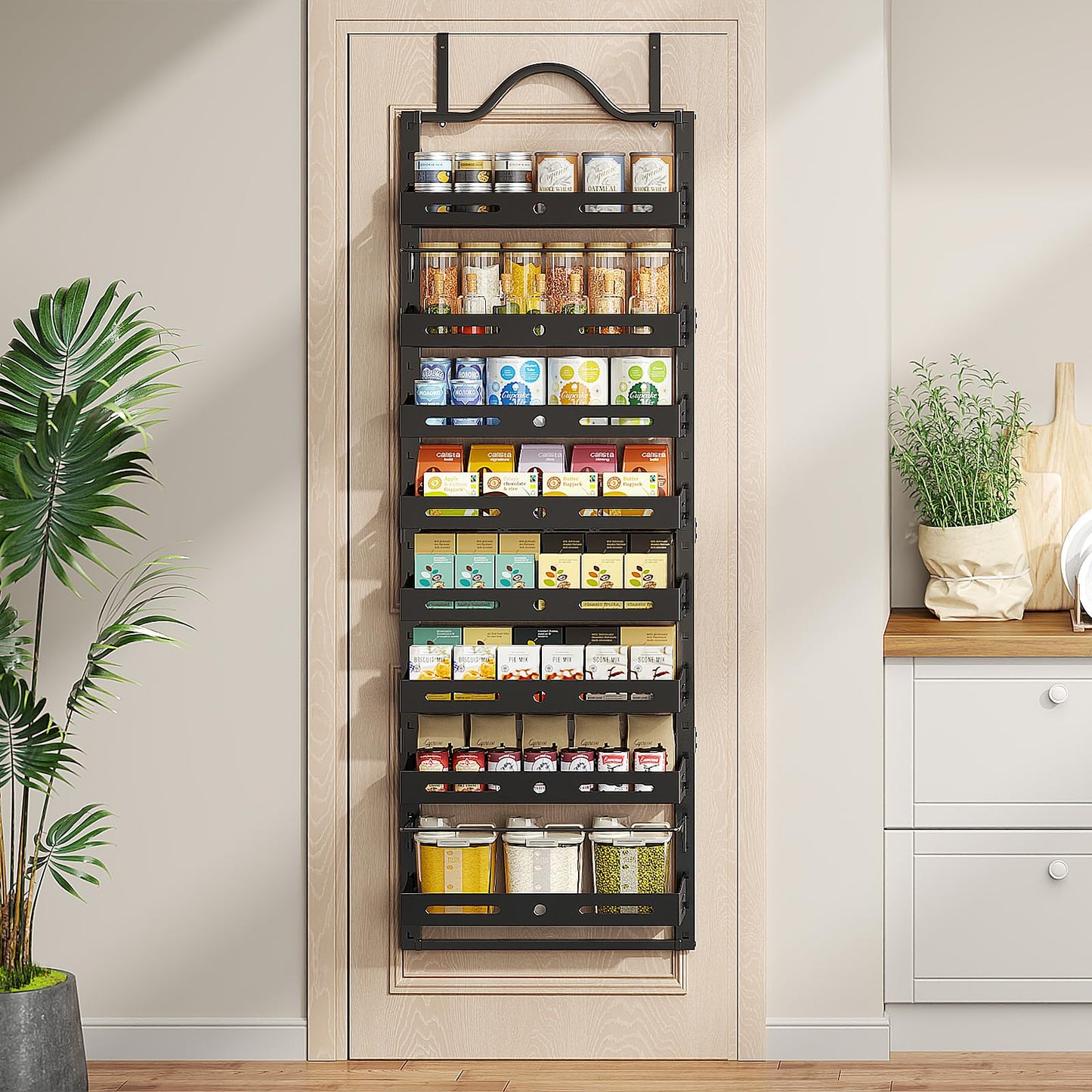 Freexployer 8-Tier Over The Door Pantry Organizer, Large 2 IN 1 Wall Mount or Hanging Spice Rack, Pantry Door Organizer and Storage with Adjustable Basket, Door Spice Rack for Pantry, Black