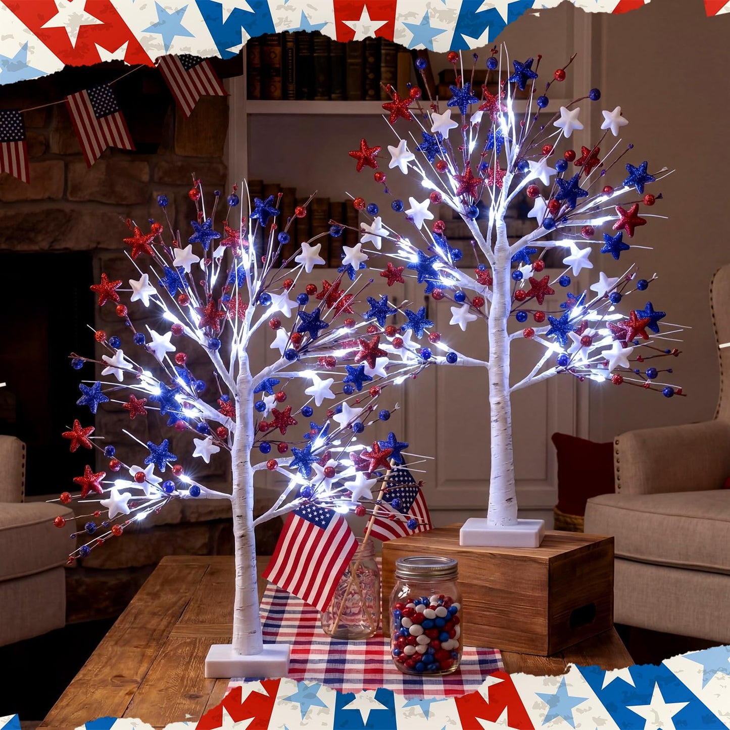 Baquler 2 Pcs 4th of July Decoration Lighted Patriotic Birch Trees with Red White Blue Star LED Battery Operated Artificial Tabletop Tree 24 Inch Memory Day Centerpieces for Home Indoor Table