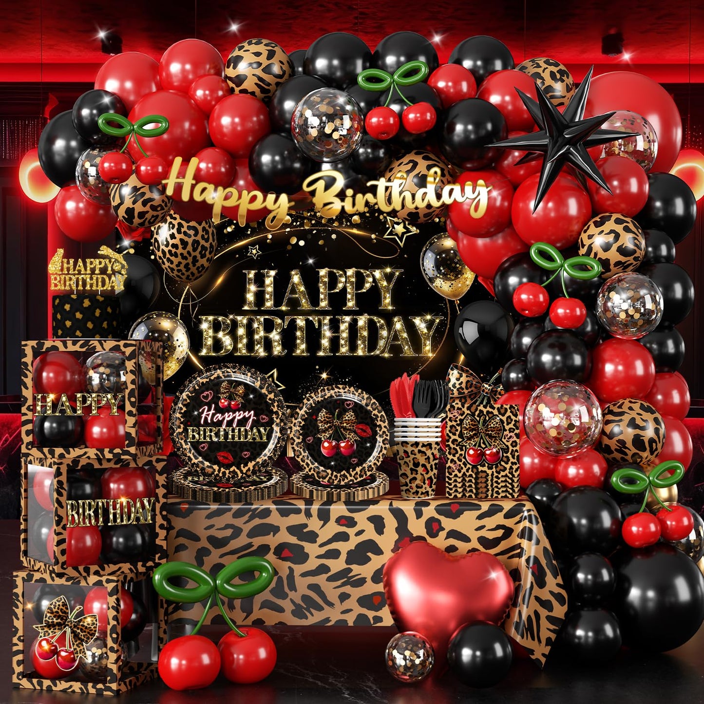 Cocomigo 258pcs Cheetah Print Birthday Decorations, One-stop Set for 25 People, Includes 350gsm Plates Pre‑threaded Banner Backdrop and Tablecloths, Cheetah and Cherry Birthday Decorations for Female