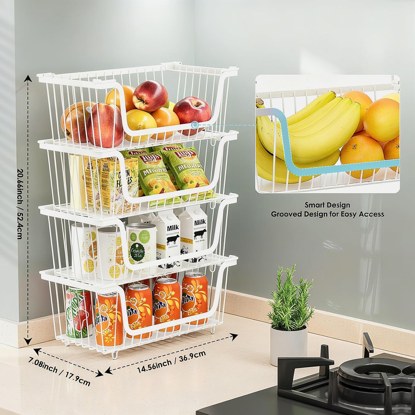 GAOKASE 4 Pcs Stackable Wire Baskets for Pantry Organizers and Storage,Vegetable Fruit Basket for Countertop,Kitchen Storage Metal Baskets,Produce Potato Onion Storage Bin,White