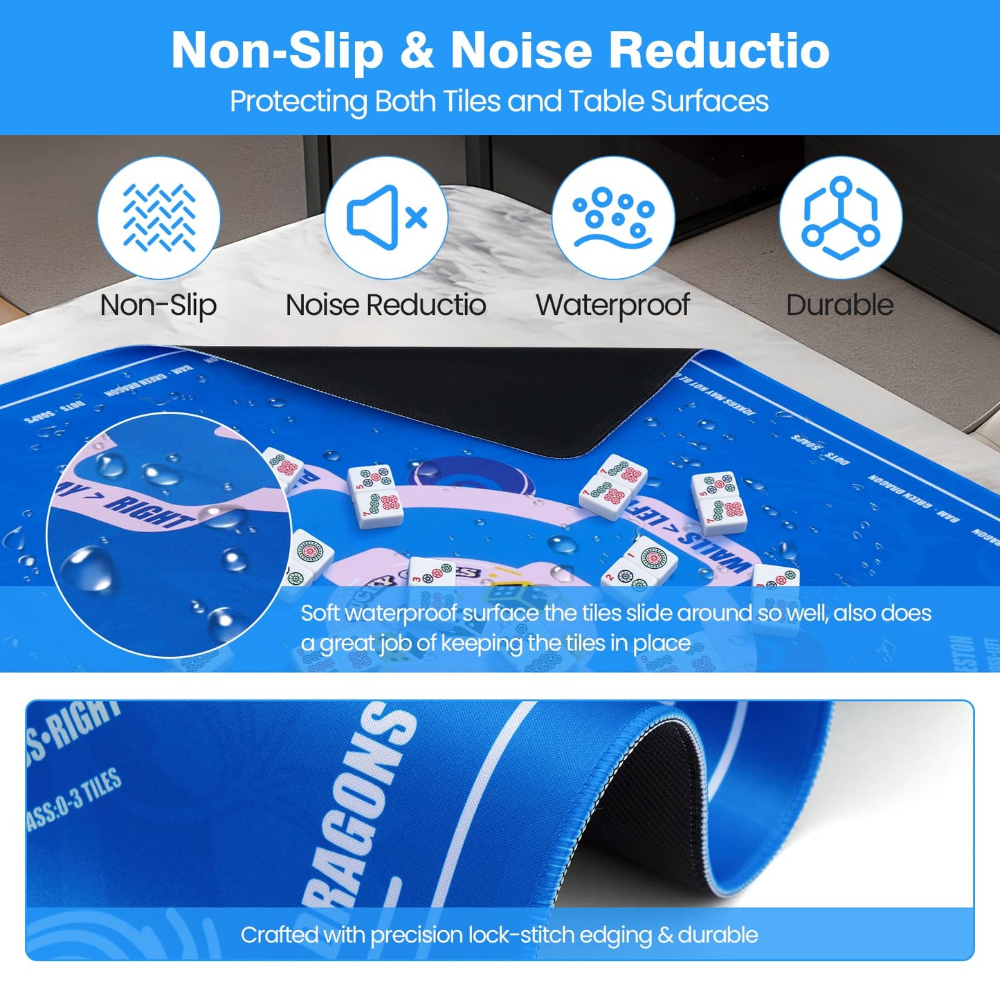 Mahjong Mat (33"x33") Noise Reduction Non-Slip, American Mahjong Mat for Table with 3 Dice & Carrying Bag, Waterproof Surface Mah Jongg Mats for Poker, Card, Dominoes, Board & Tile Games (Blue)