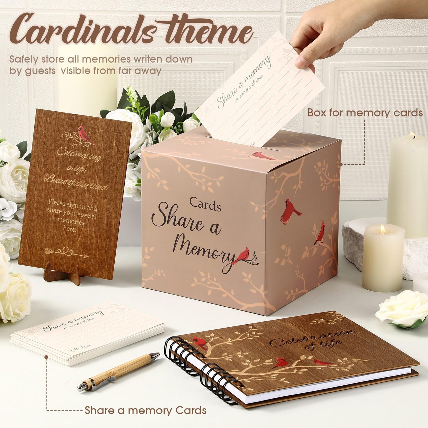 Engrowtic 64 Pcs Funeral Guest Book Set for Memorial Service Celebration of Life Wooden Guest Book in Loving Memory with 60 Share a Memory Card, Cards Box, Table Sign and Pen(Wood,Cardinal)