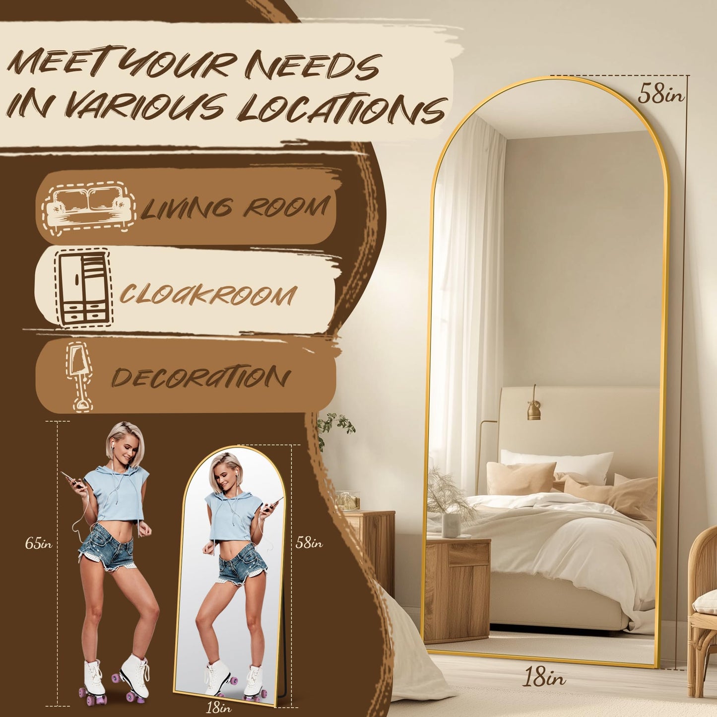 Antok Arched Full Length Mirror, 56"x14" Gold Metal Frame Floor Mirror for Bedroom Living Room, Freestanding/Wall Mount/Leaning