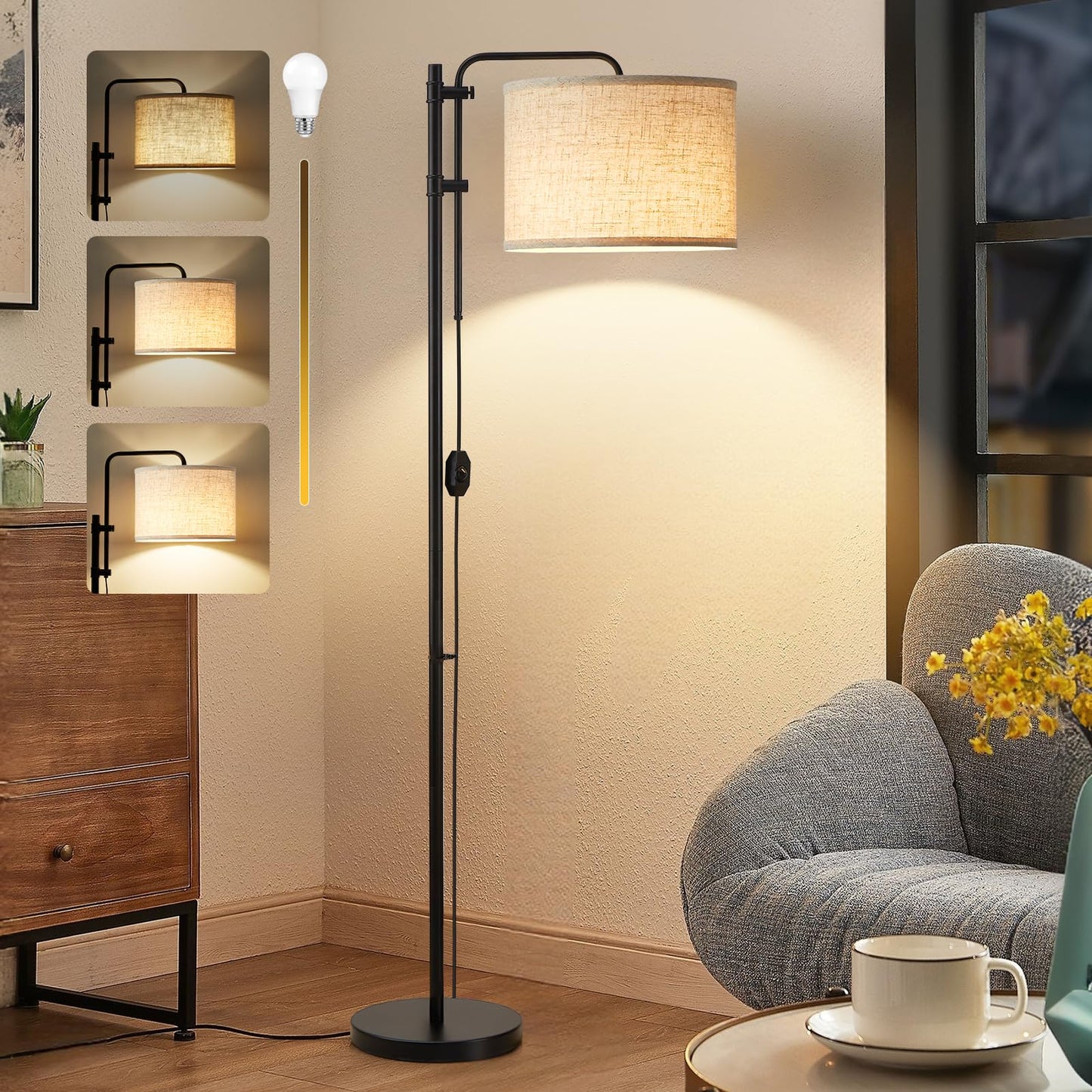 GyroVu Floor Lamp for Living Room, Adjustable Height Standing Lamps with 350° Rotate Beige Lampshade, 67.5-Inch Modern Tall Lamp Dimmable Floor Lamps for Corner Bedroom Home Office (Bulb Included)