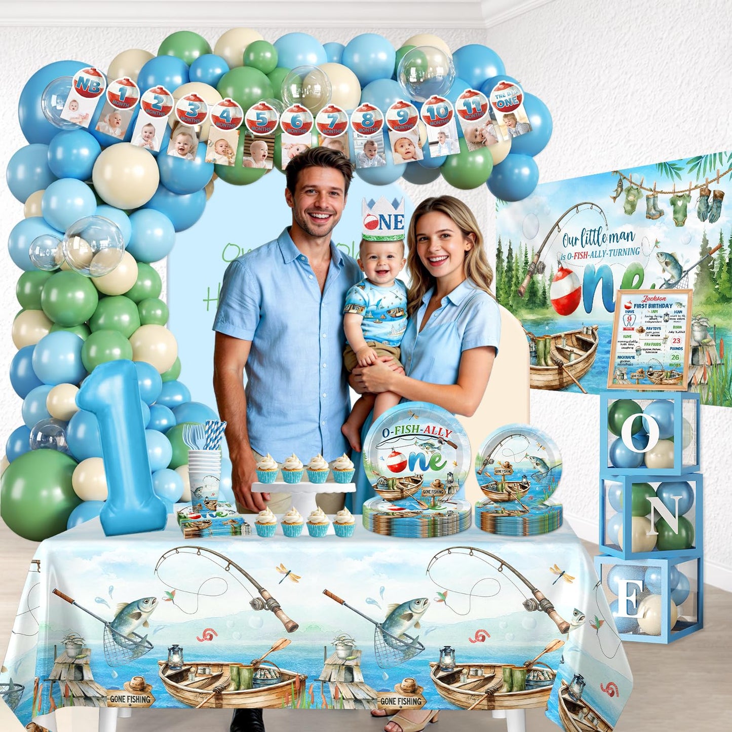 Fexivo 263pcs Ofishally One Birthday Decorations Complete Party Set, for 25 Guests, O Fishally One First Birthday Decorations Balloon Arch, Backdrop, Plates for Gone Fishing Party Decoration