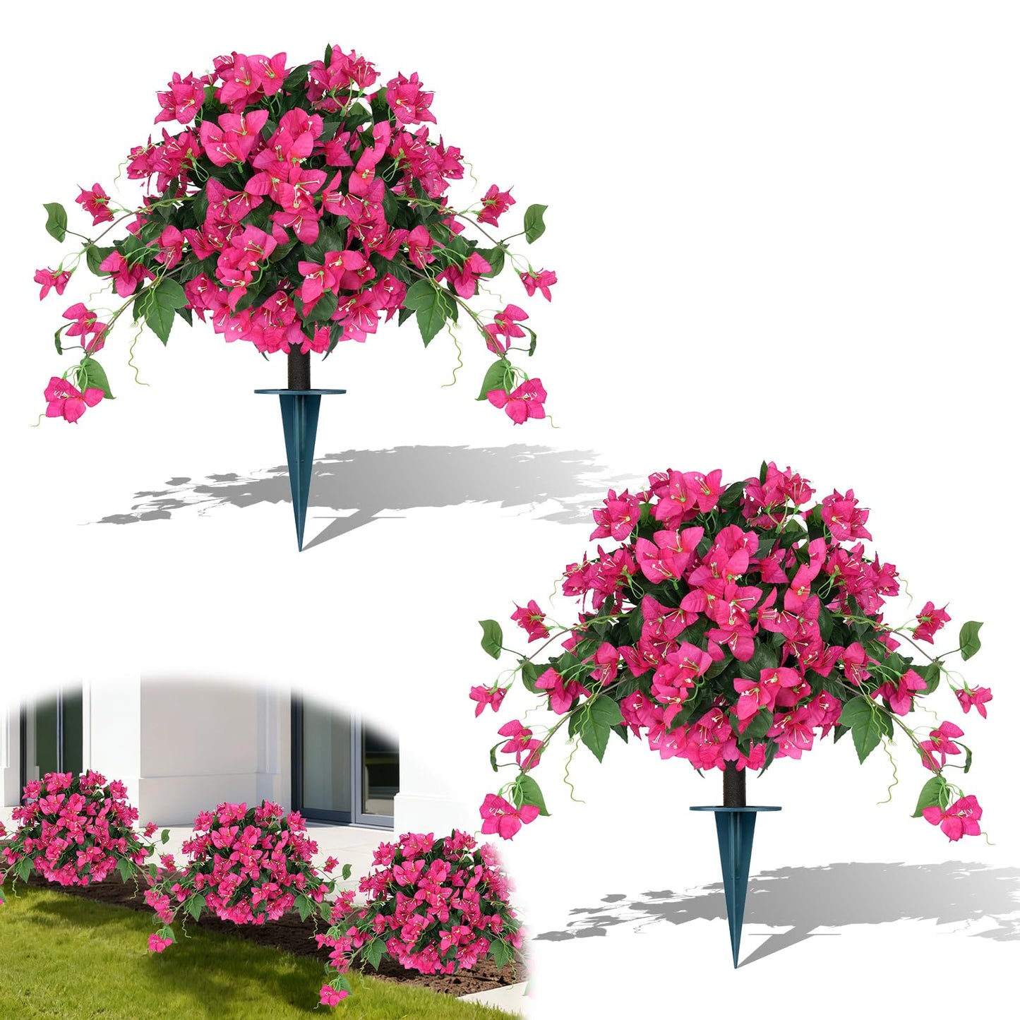 Artificial Bougainvillea Topiary Trees Set of 2, Pink Fake Shrubs Bushes with Ground Spike, Faux Evergreen for Porch Plants, UV Resistant Artificial Flowers for Outdoors Indoor Front Garden