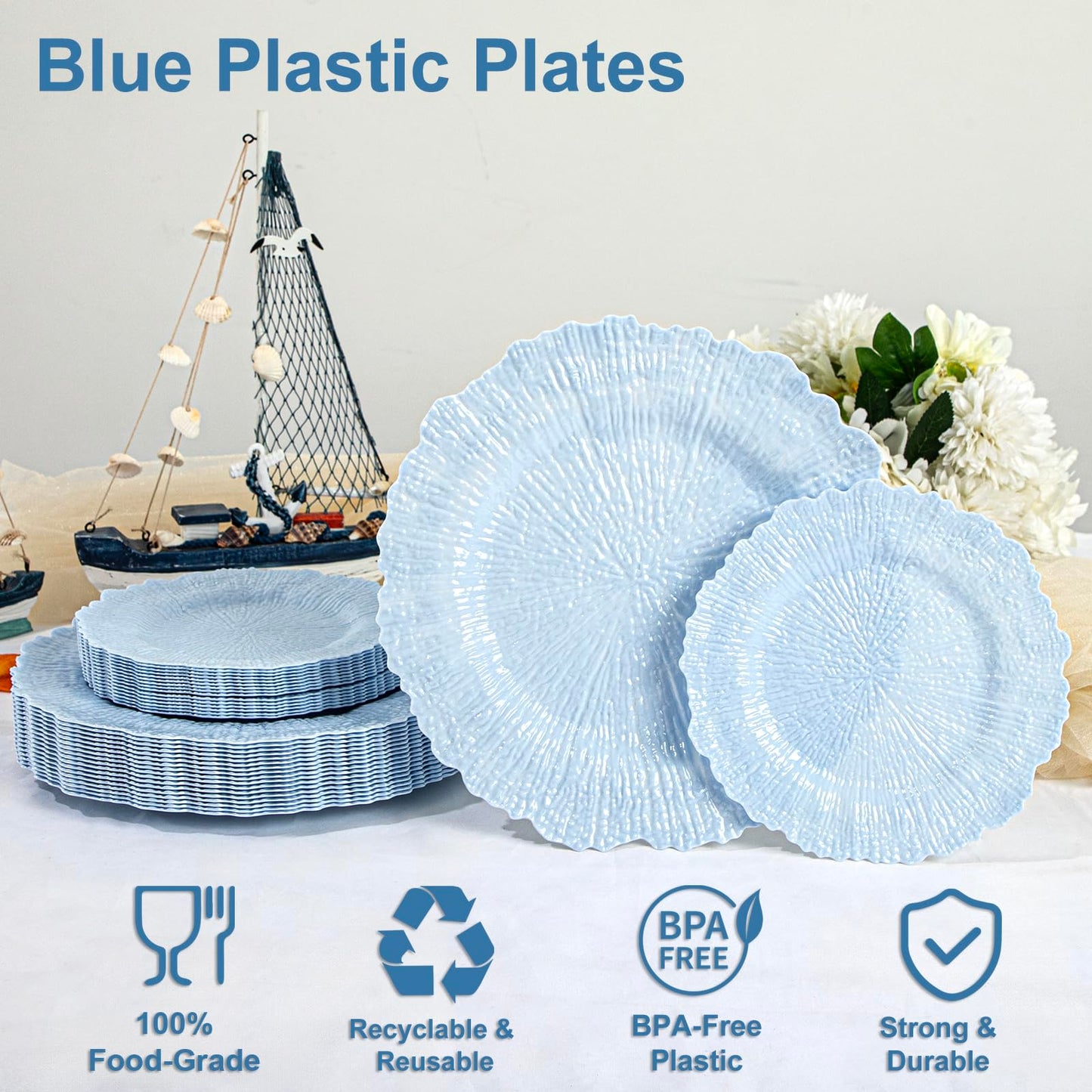 DaYammi 60Pcs Blue Plastic Plates - Light Blue Pates Disposable & Reusable - Heavy Duty Plastic Plates for Party Including 30 Dinner Plate,30 Dessert Plate for Weddings, Birthdays, Dinner Parties